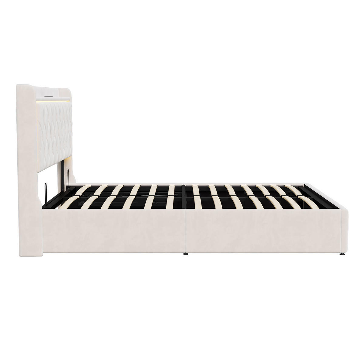 POLSTERBETT 140x200 cm, Beige, mit LED-Beleuchtung & USB-Aufladung - Beige, Textil/Metall (140/200cm)