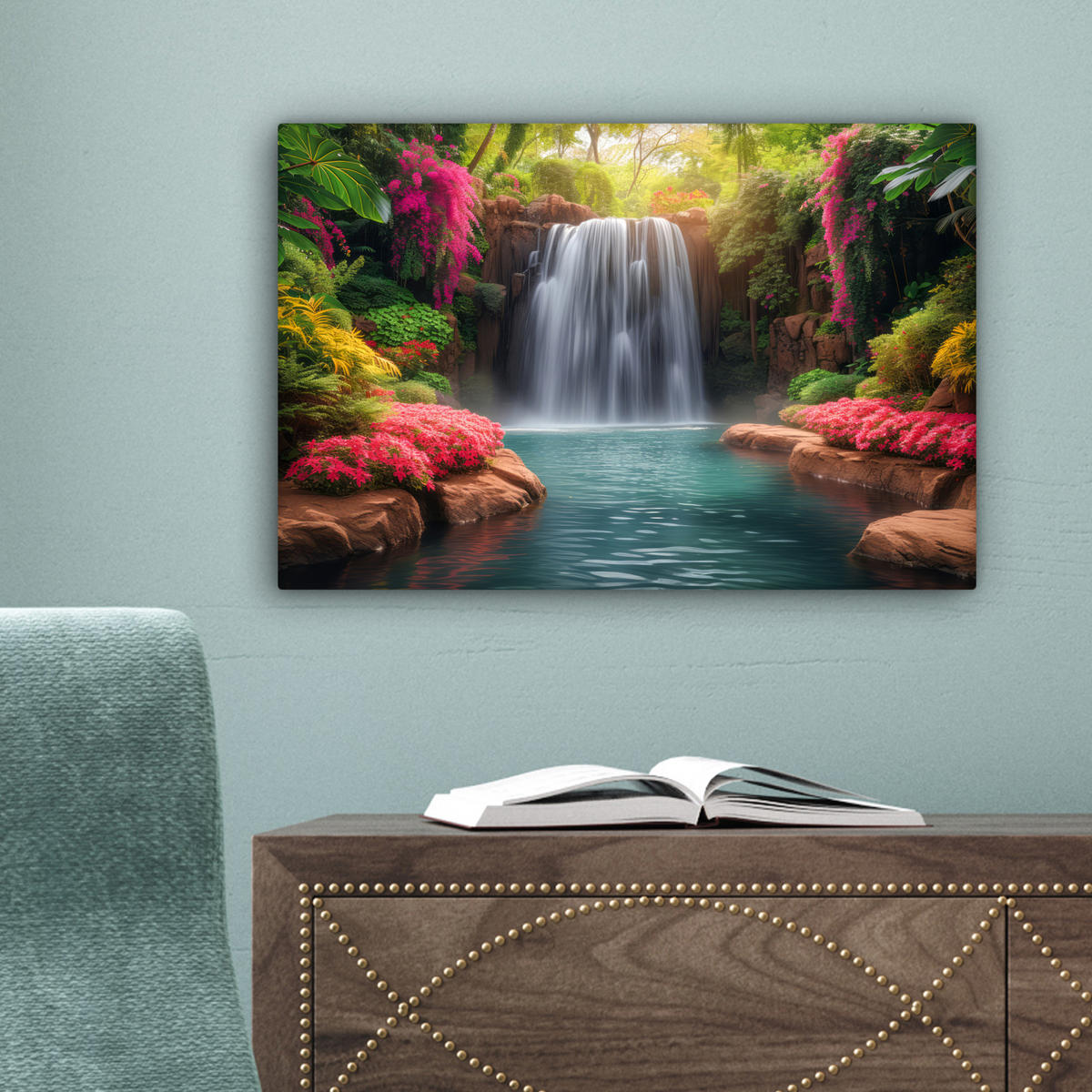 LEINWANDBILD Wasserfall - Natur - Pflanzen - Dschungel - Wasser 30x20 cm - Grün, Textil (30/20cm) - MuchoWow