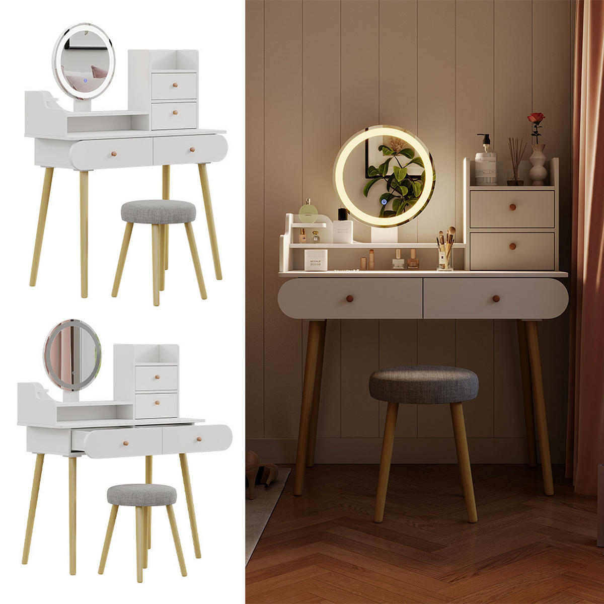 TOALETNÍ STOLEK Edda Bílá 100 cm se zrcadlem LED a stoličkou - bílá, kompozitní dřevo (100/130/40cm) - Vicco