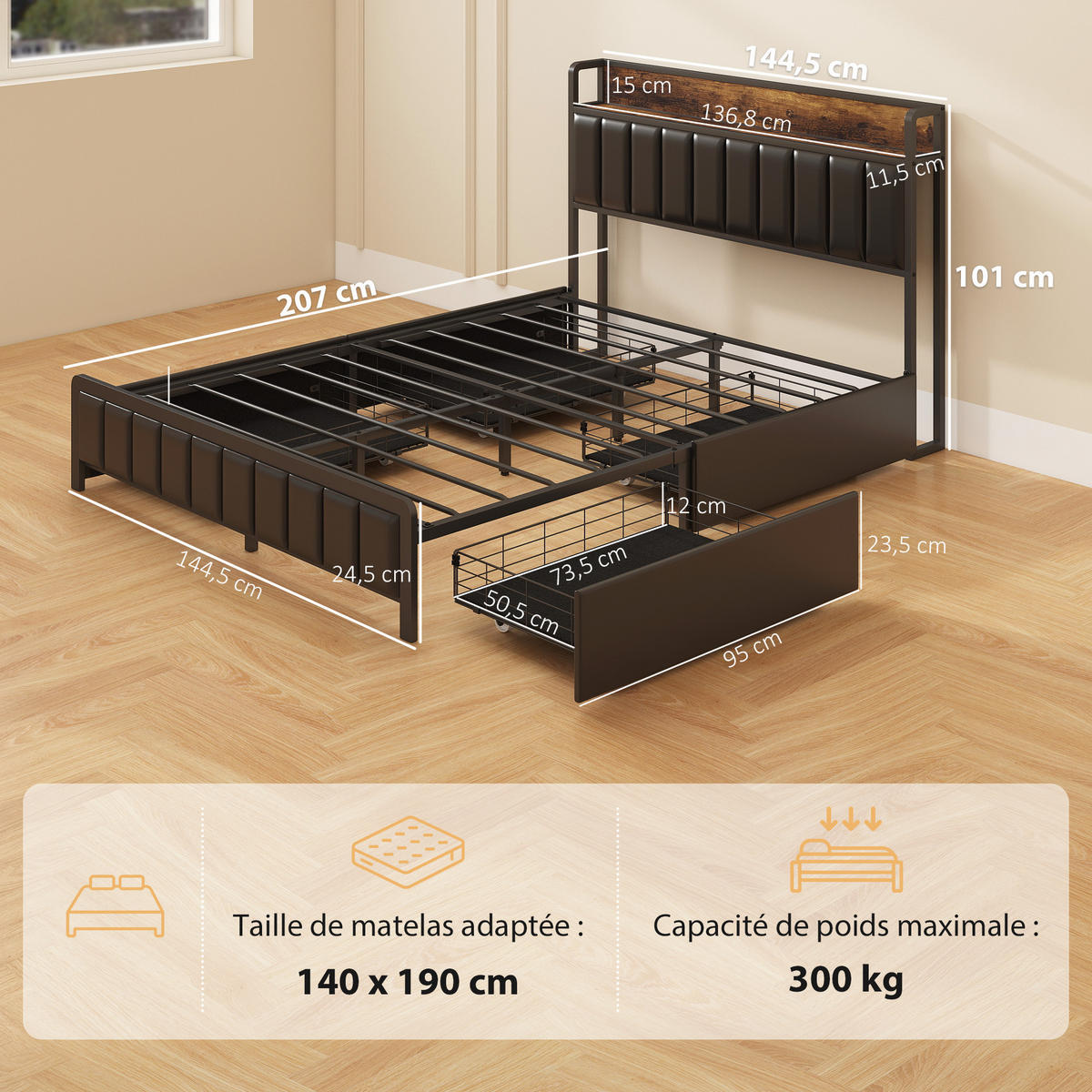 BETT 140x190 cm DE-14672 mit 4 Schubladen & Ablage Schwarz - Schwarz, Metall (140/190cm) - ComfortXL