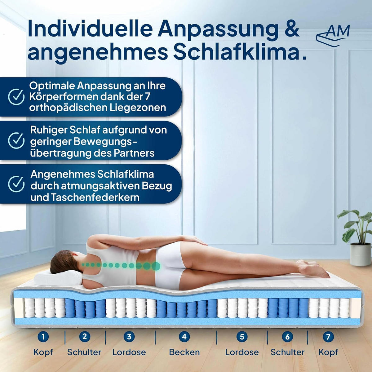 PARTNER-TASCHENFEDERKERNMATRATZE Premium 480 Federn mit Tencel Bezug - Härtegrad H4 & H5 - 200x200cm - Weiß, Textil (200/200cm) - AM Qualitätsmatratzen