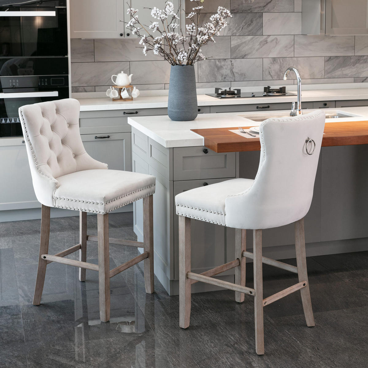 BARSTUHL 2er-Set mit hoher Rückenlehne Samt Beige - Beige, Metall (50/66/60cm) - Meubliv