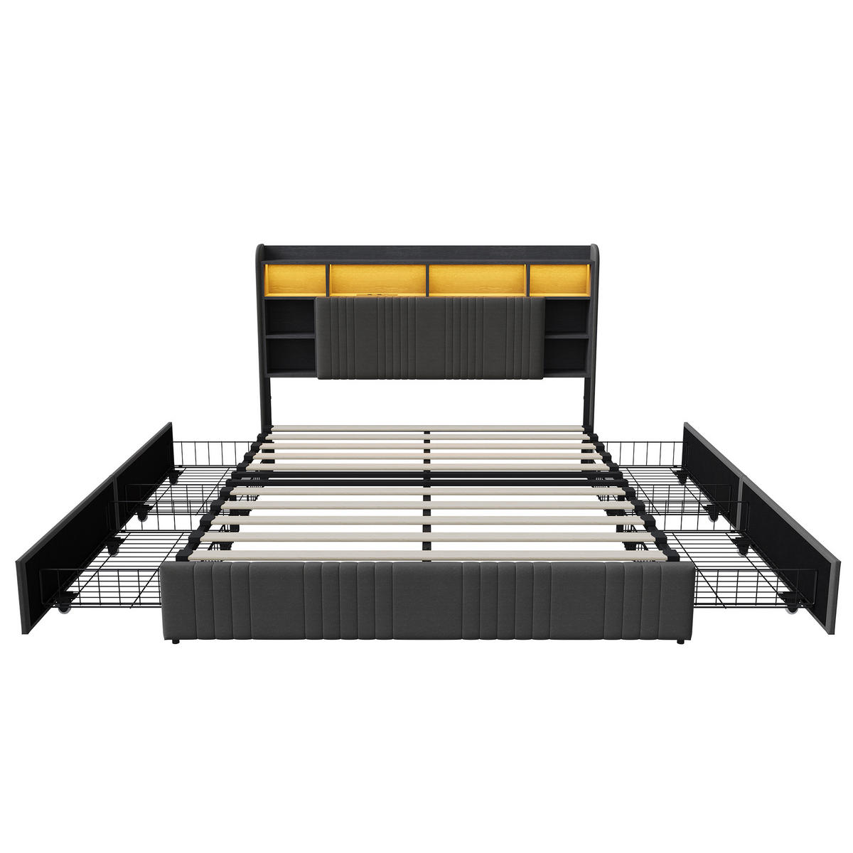 POLSTERBETT 140/200 cm Grau mit 4 Schubladen, LED-Kopfteil mit Ablage und USB - Grau, Metall (140/200cm) - EuroLiving