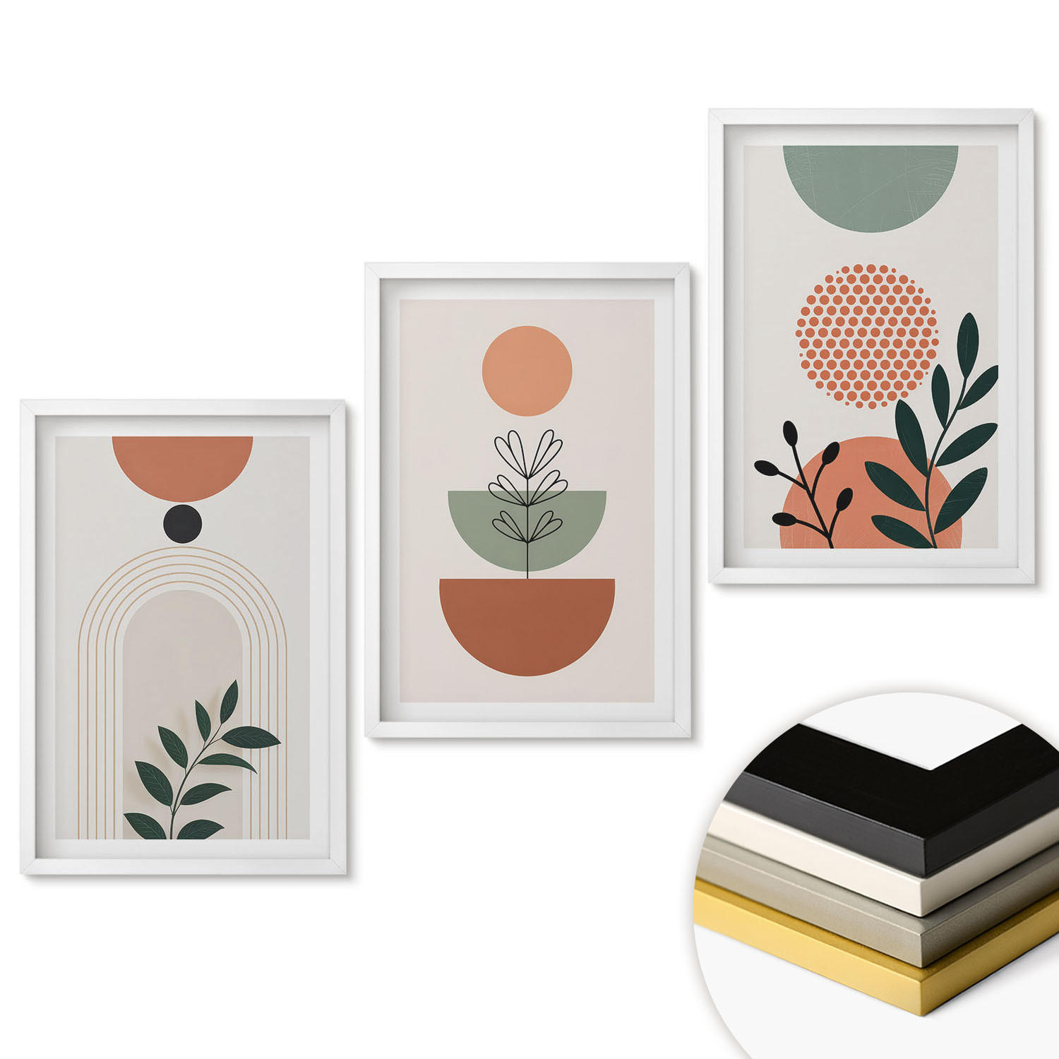 WANDBILDER 3er-Set - 40x60 cm Weißer Rahmen - Moderne Pflanzenmotive - Weiß, Kunststoff (40/60cm) - ArtPrintCave