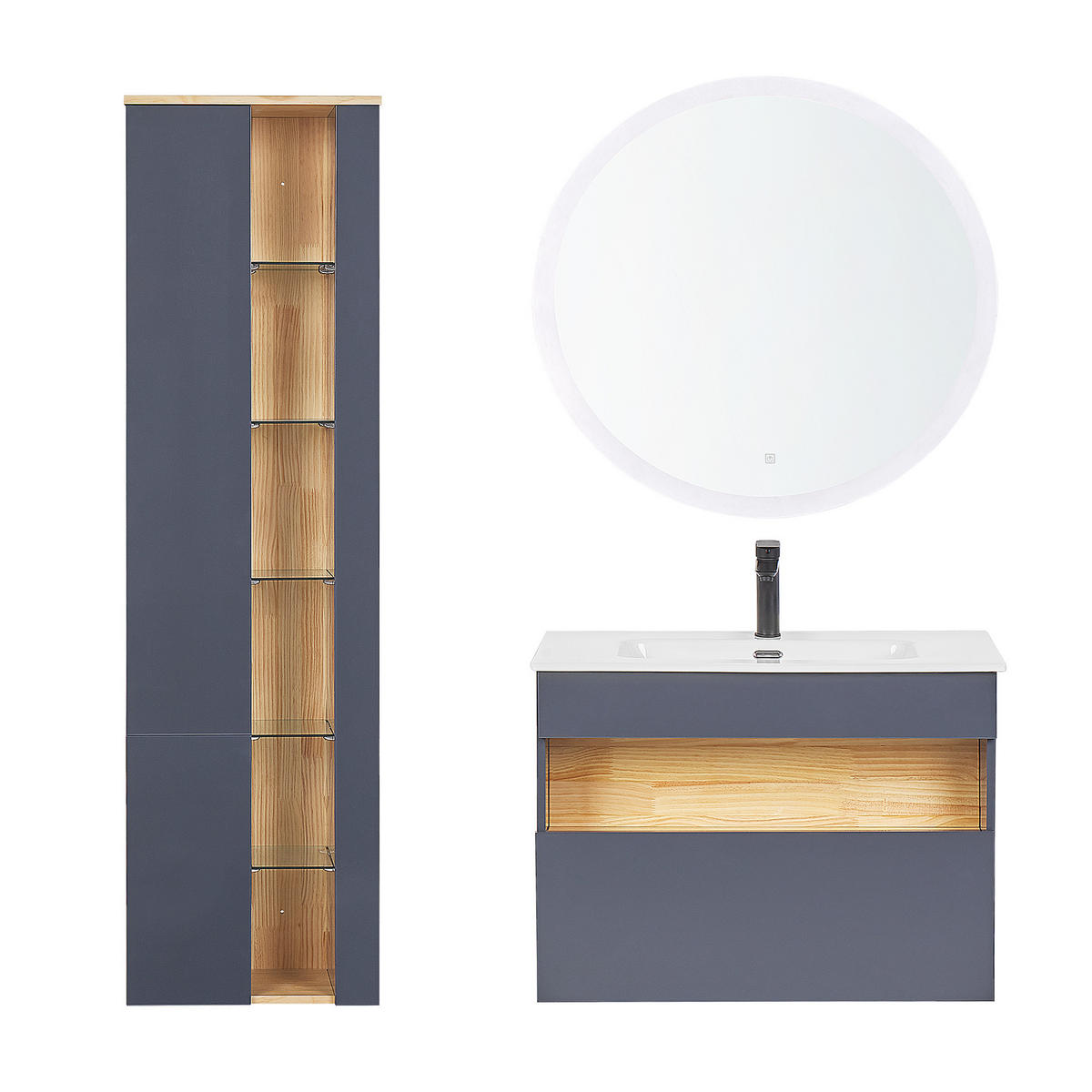 BADMÖBEL Set 3-teilig grau/heller Holzfarbton Figueres - Hellbraun/Grau, Holzwerkstoff (44/59/79cm) - Beliani