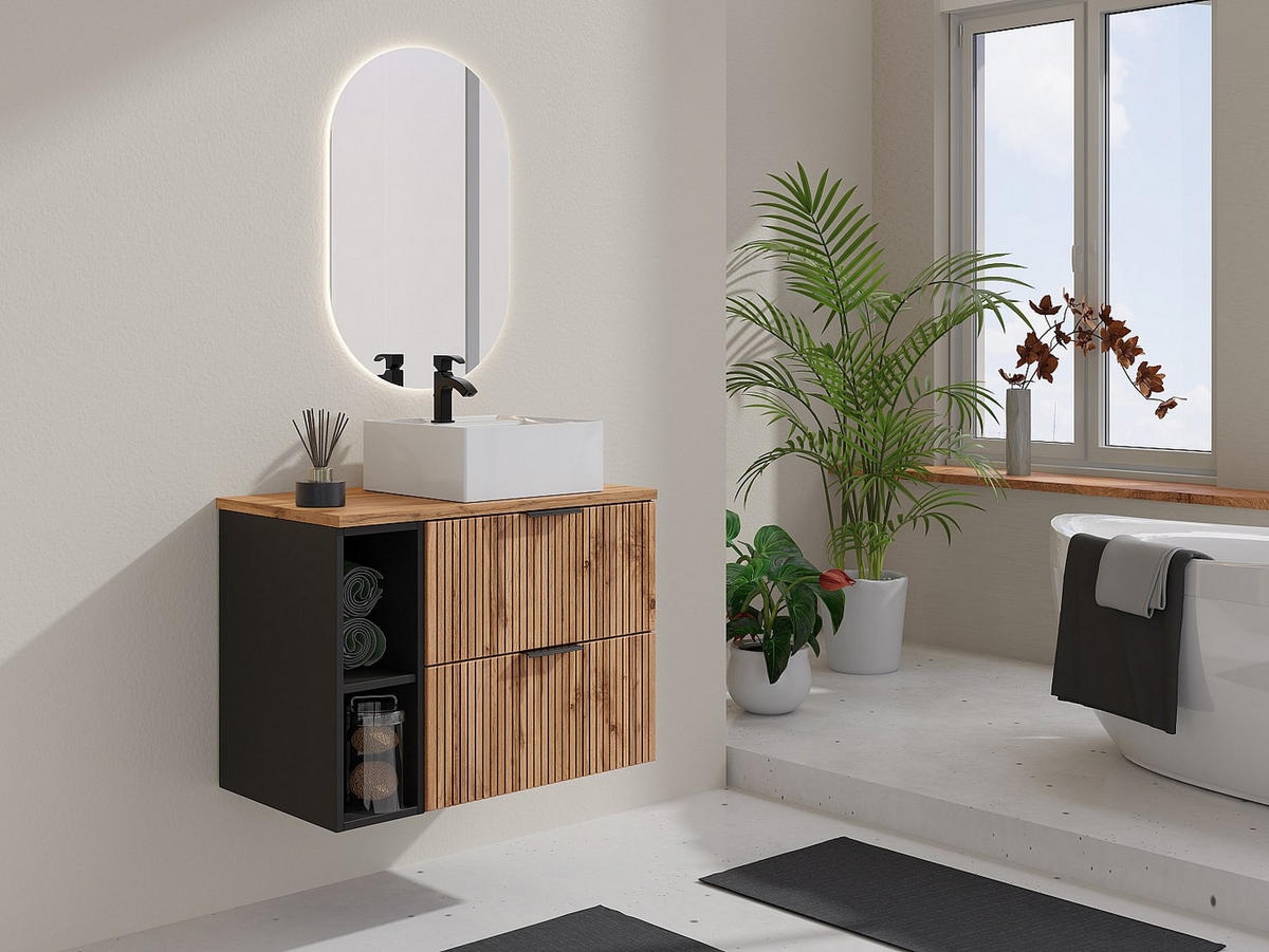 EINZELWASCHTISCH - 80cm x 46cm - MDF - schwarz, naturfarben hell - MADELA - Schwarz, Holz (80/57/46cm) - Vente-Unique