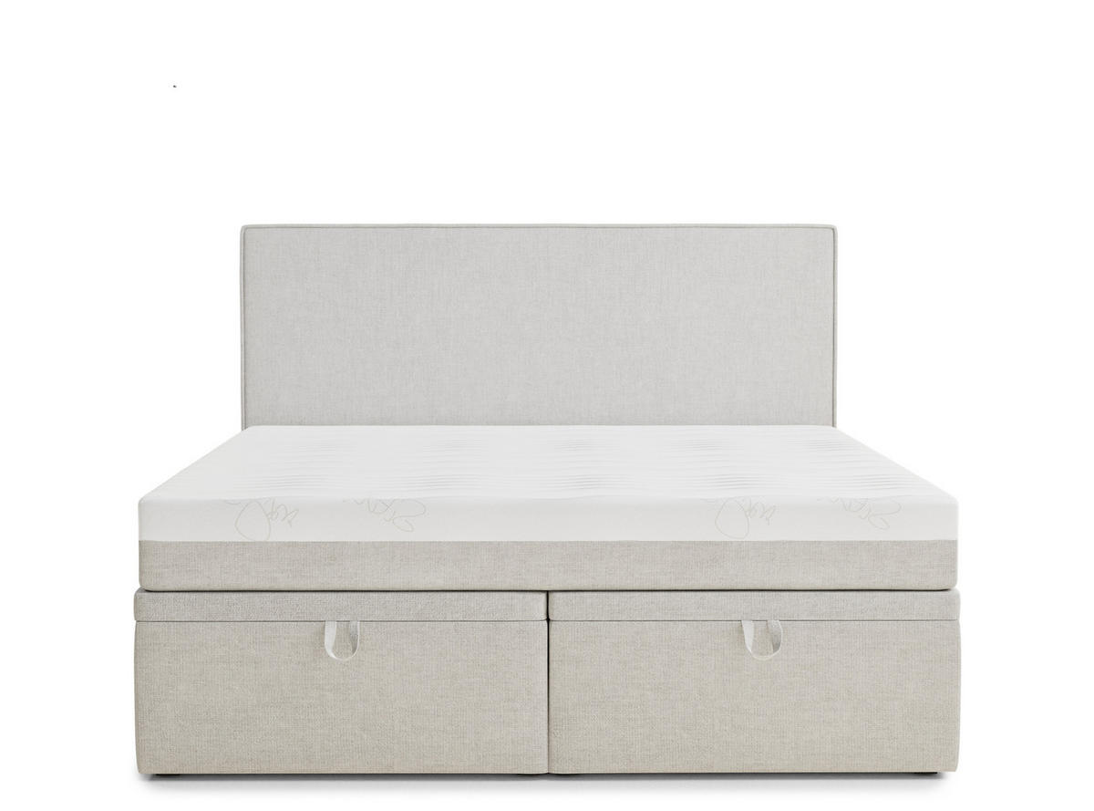 BOXBETT 140/200 cm Tegal, in Hellbeige, Matratze, gepolstertes Kopfteil, Bettkasten, H3 = fest - Beige/Schwarz, Holz/Holzwerkstoff (140/200cm) - Maison de Reve