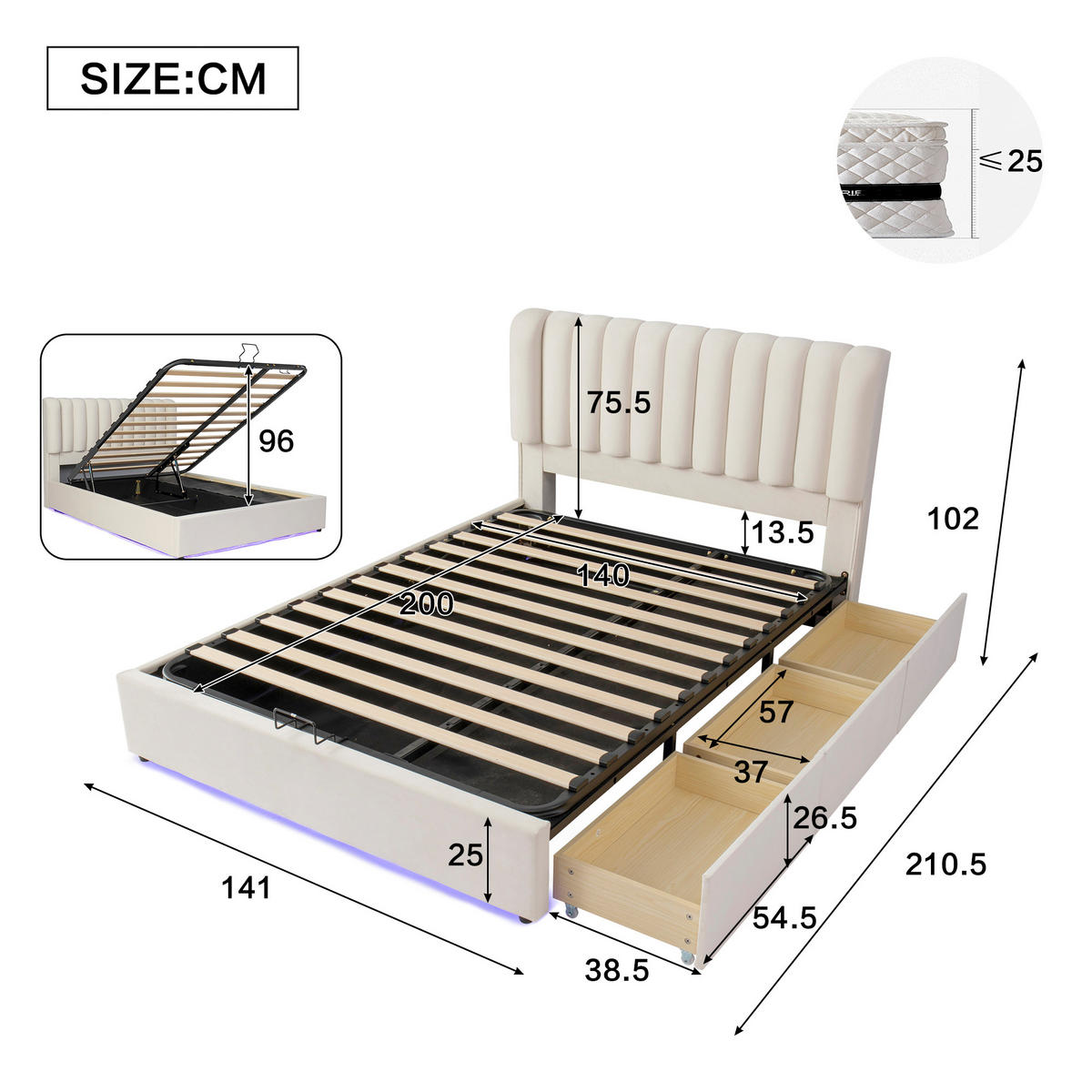 POLSTERBETT 140/200 cm in Beige mit Bettkasten, 3 Schubladen und LED aus Samt - Beige, Holzwerkstoff/Textil - STILVORA