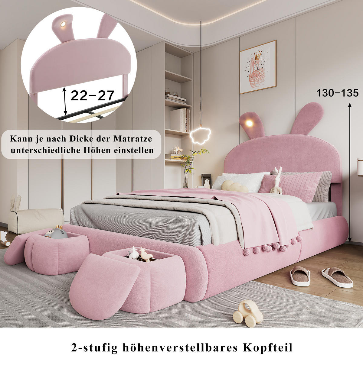 ČALÚNENÁ posteľ 140/200 cm s hydraulickým úložným priestorom, LED osvetlením a 2 odkladacími taburetkami, Ružová - ružová, textil (140/200cm) - Redom