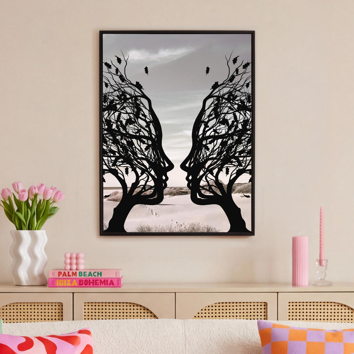 LEINWAND Bilder mit Rahmen - Strand - Meer - Menschen - Baum - Moderne Kunst - 70x100 - Hellgrau, Textil (70/100cm) - MuchoWow