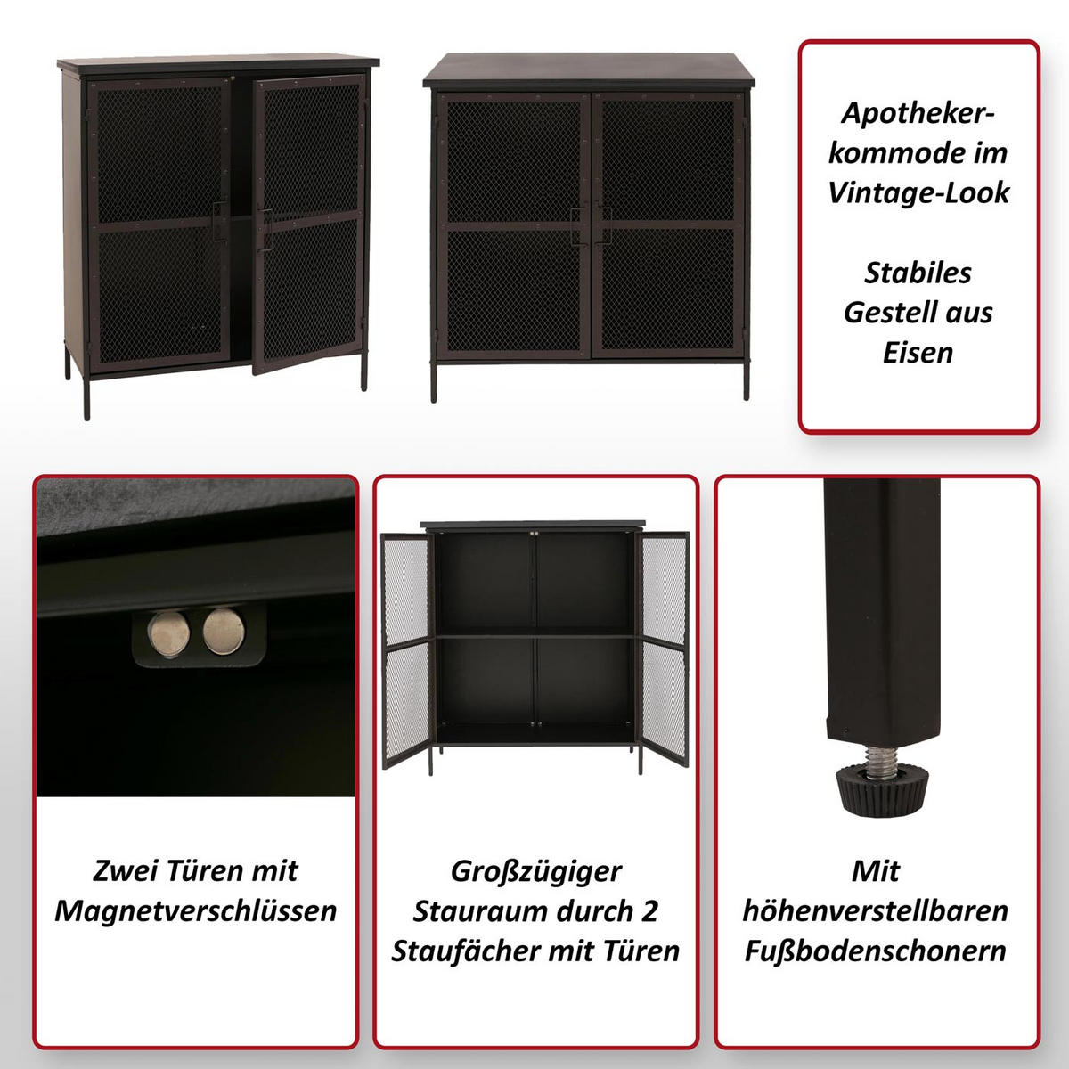 APOTHEKERKOMMODE Schwarz - Schwarz, Metall (80/94/35cm) - MCW