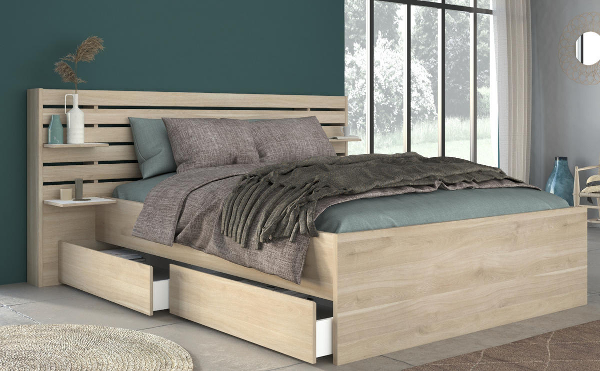 STAURAUMBETT Bett 160 x 200 cm 2x Bettschubkasten und Ablagen - Eichefarben, Holz/Holzwerkstoff (200/160cm) - Parisot Meuble