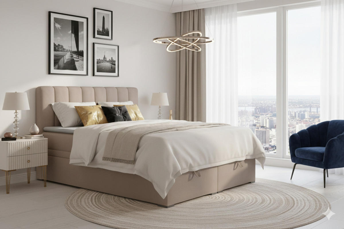 BOXBETT DAVID 180/200 Velour Beige mit einer Matratze H4 - Beige, Holz/Holzwerkstoff (180/200cm) - Deine Möbel 24