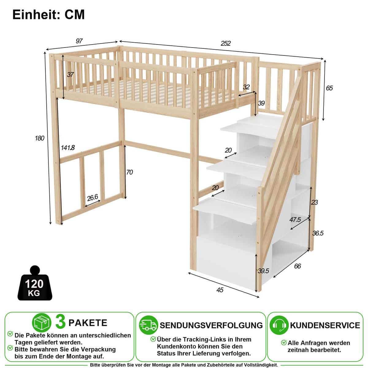 HOCHBETT 90/200 cm in Natur mit Aufbewahrungstreppe - Naturfarben, Holz/Holzwerkstoff (90/200cm) - CHICFURN