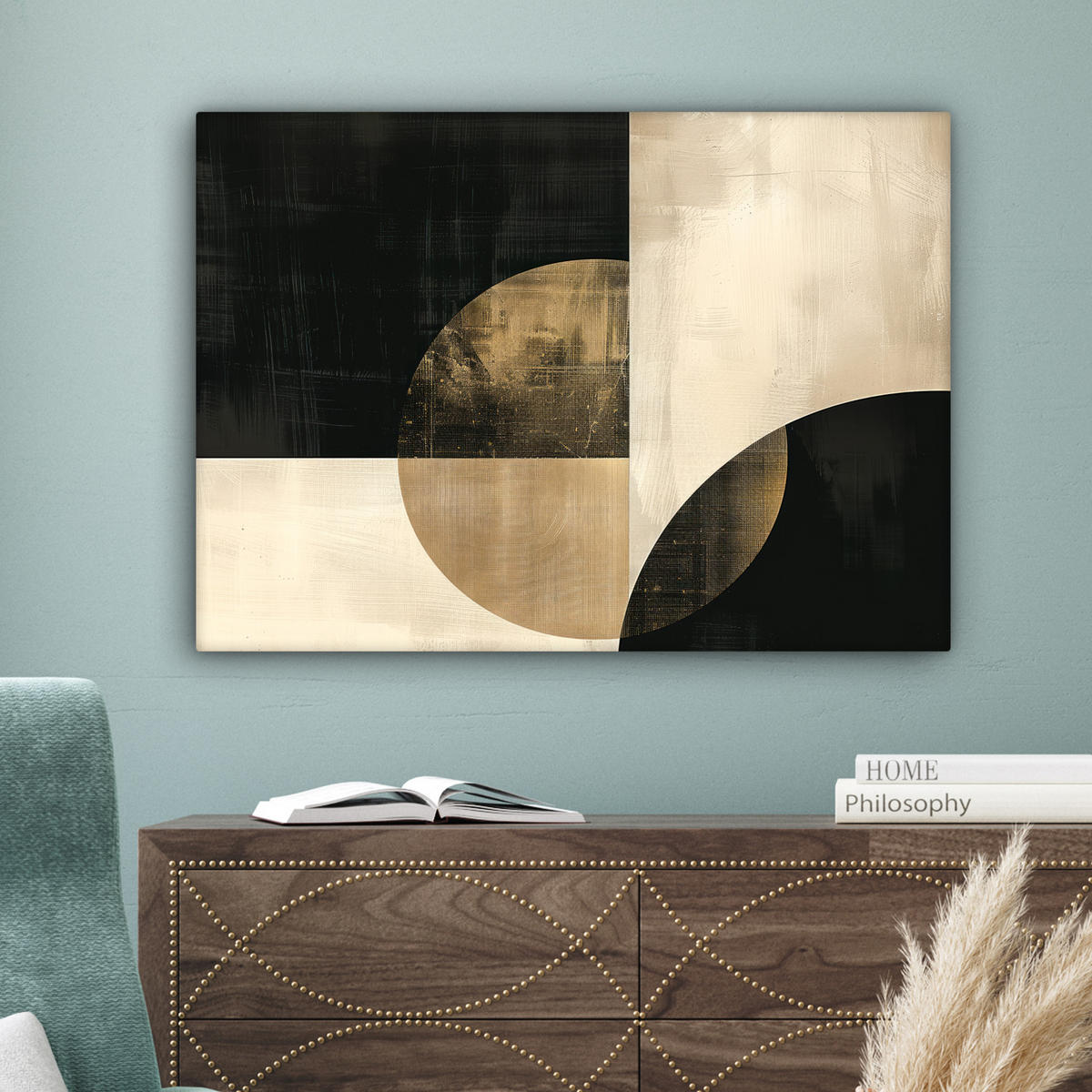 LEINWANDBILD Abstrakt - Geometrische Formen - Schwarz - Gold Wandbilder 80x60 cm - Ecru, Textil (80/60cm) - MuchoWow