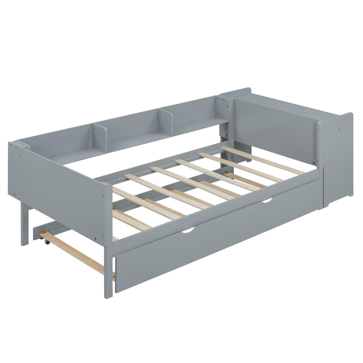 FLACHBETT 90/200 cm Grau mit ausziehbarem Bett und Schreibtisch aus Kiefernholz und MDF - Grau, Holz (90/200cm) - OKWISH
