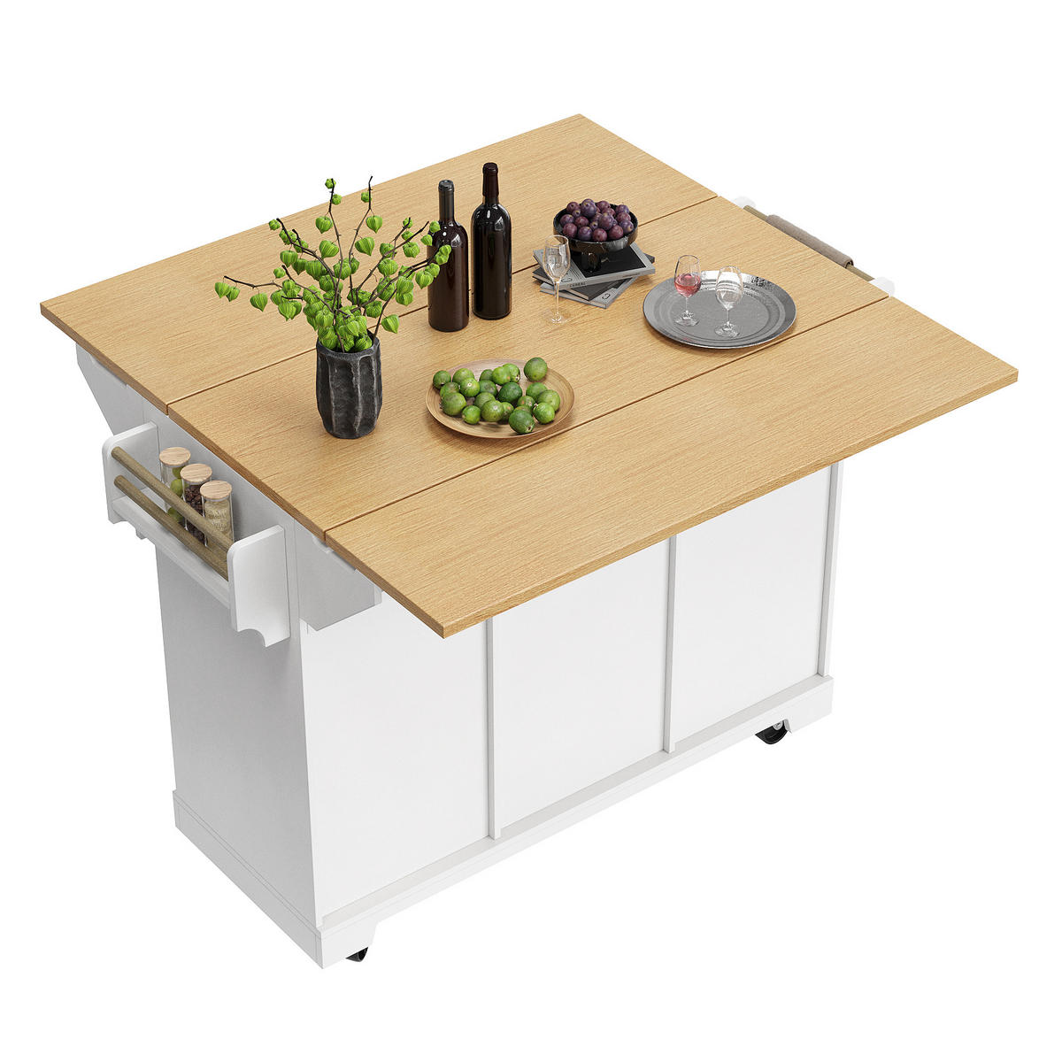 KÜCHENINSEL 120x80x95cm weiß/Holzoptik mit Klapptisch & 5 Rollen - Weiß, Holzwerkstoff (120/95/80cm) - Modfu