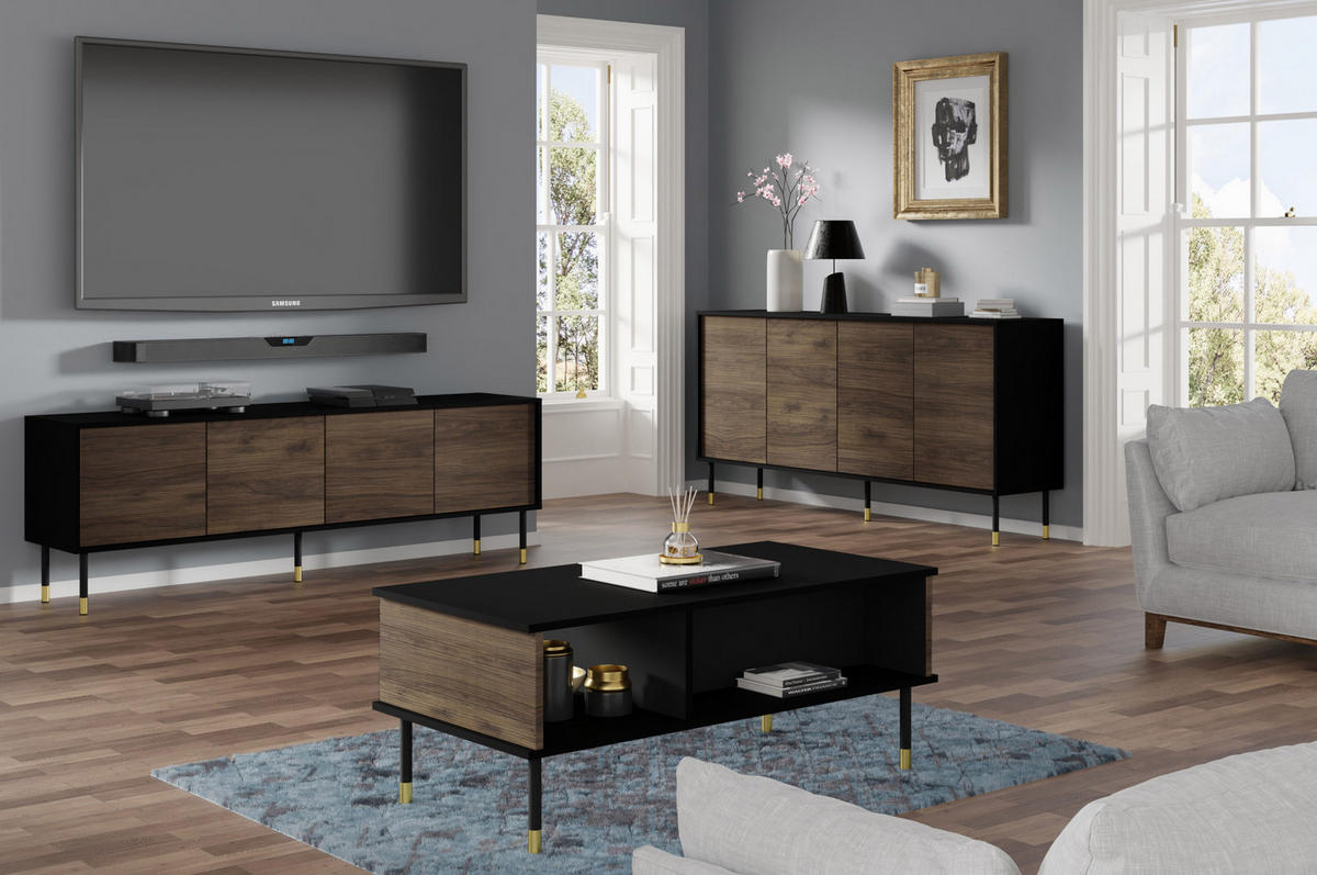 TV LOWBOARD Schwarz, Catania Eiche, Gold 180/60/40 - Schwarz, Holzwerkstoff (180/60/40cm) - RAUMHIRSCH FURNITURE