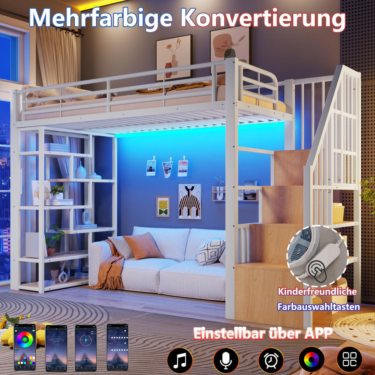 HOCHBETT 90x200cm, Eisen, Ablage, Stufen, Geländer, LED, Stauraum, ohne Matratze, Weiß - Weiß, Holzwerkstoff (90/200cm)