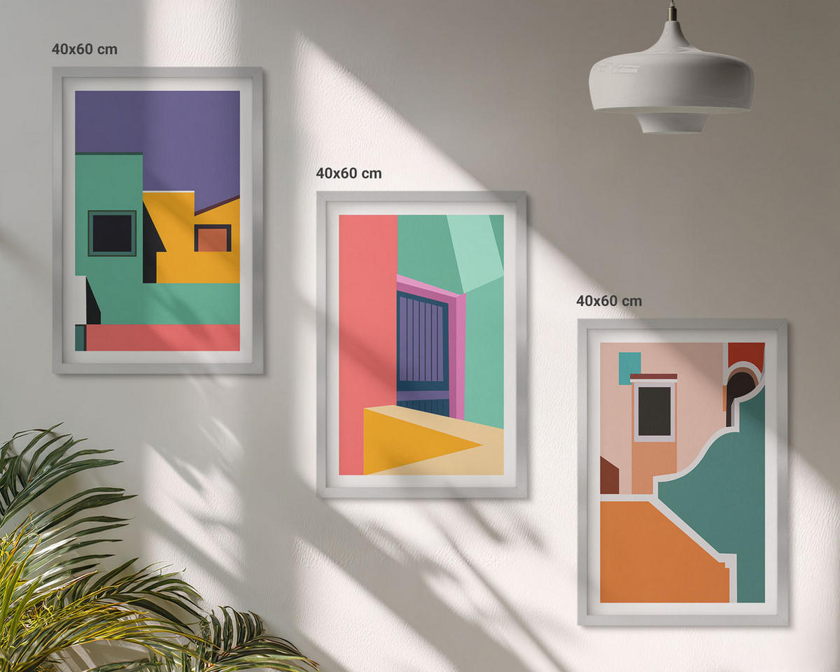 BILDER SET 3er Set - 40x60 cm Silberner Rahmen - Farbenfrohe Illustrationen der Stadt - Silberfarben, Kunststoff (40/60cm) - TULUP
