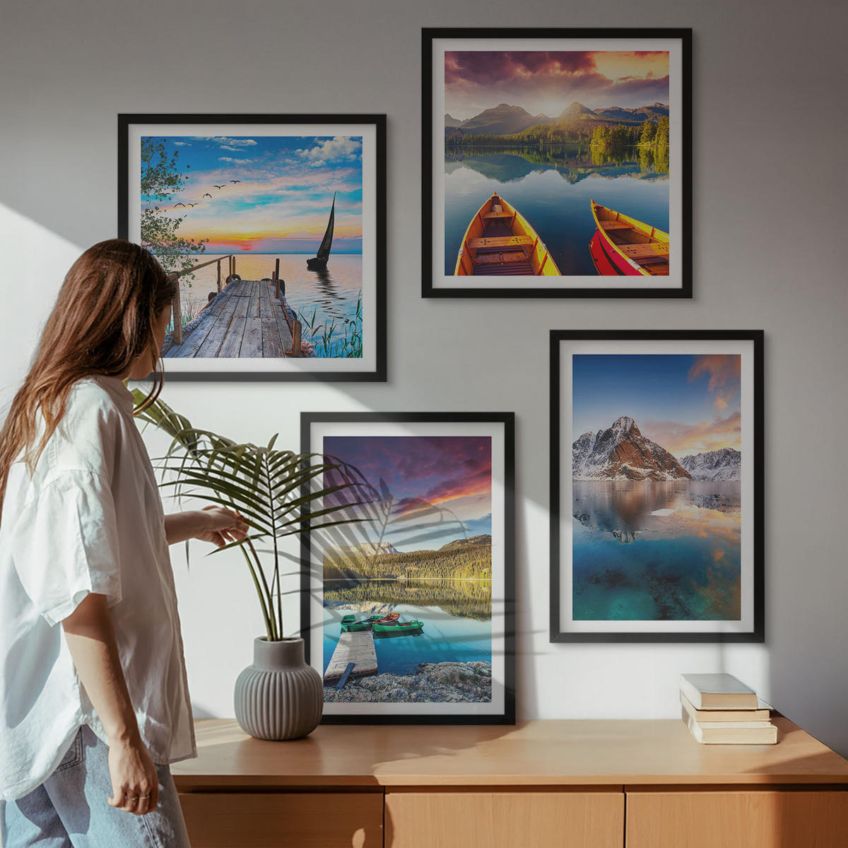 WANDBILDER 4er-Set - 50x50 cm & 40x60 cm Schwarzer Rahmen - Seen- und Berglandschaft Łódź - Schwarz, Kunststoff (50/50cm) - ArtPrintCave