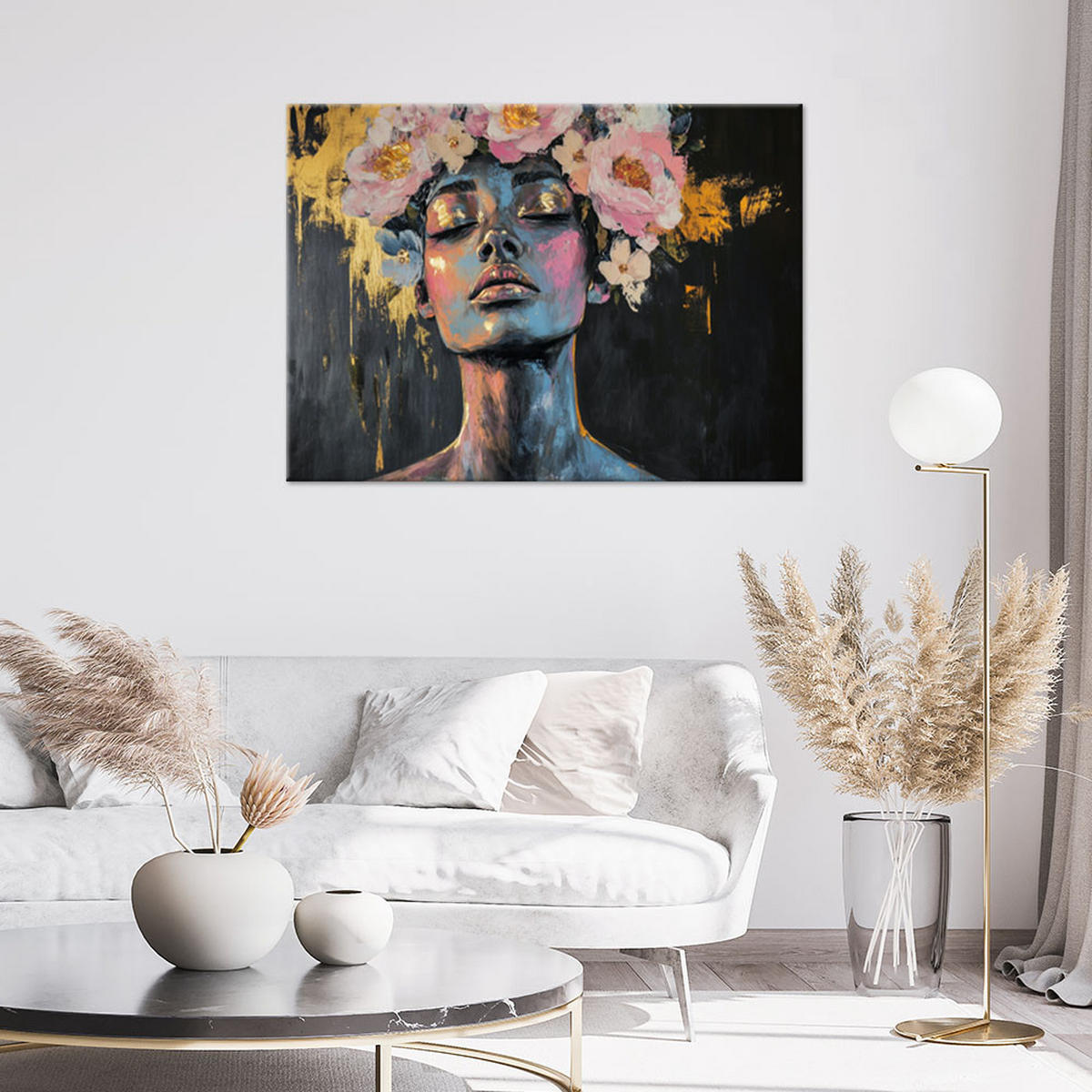 WANDBILD abstraktes porträt einer frau mit blumen - Multicolor, Textil (100/70cm) - Feeby