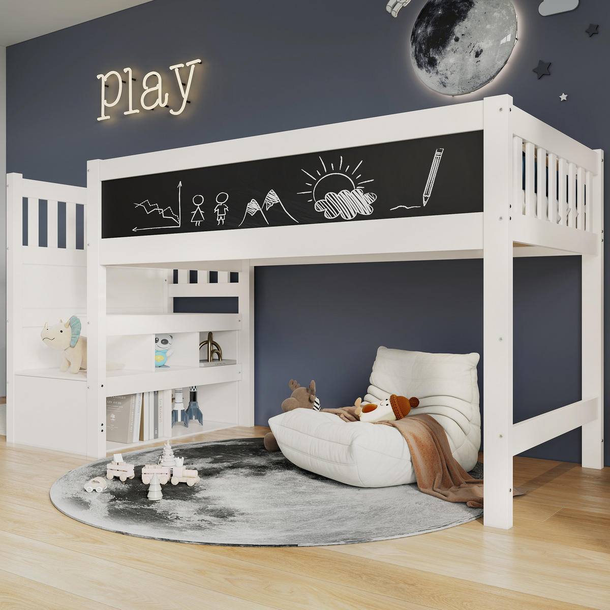 KINDEREINZELBETTEN aus Massivholz und MDF 90x200 cm in Weiß mit Treppe, Stauraum & Tafel - Weiß, Holzwerkstoff (90/200cm) - Modfu