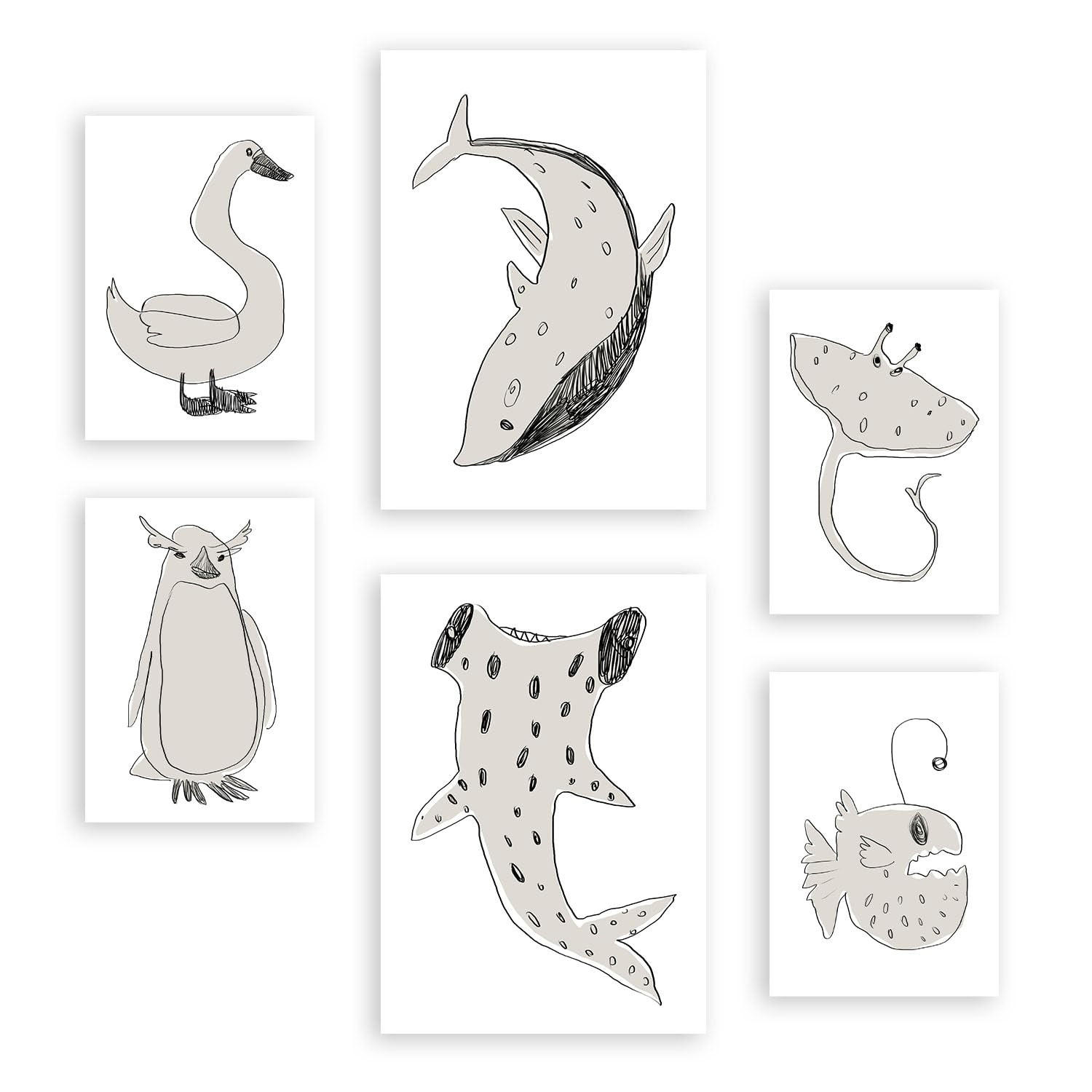 POSTER Set Mit 6 Sea Varmint In Tiere Zusammenfassungen A3 & A4 Rahmenlos - Klar, Papier (29/3cm) - Nacnic