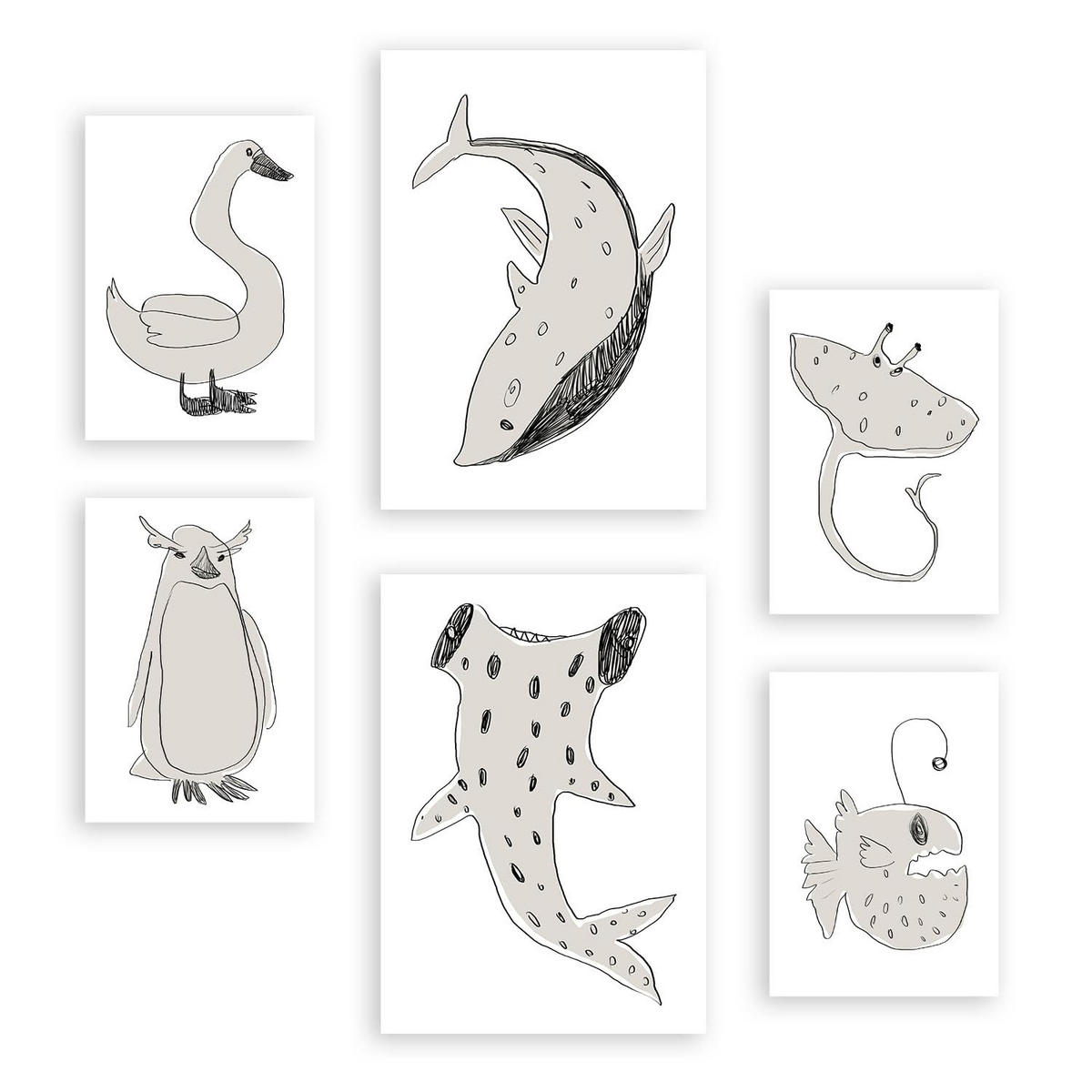 POSTER Set Mit 6 Sea Varmint In Tiere Zusammenfassungen A3 & A4 Rahmenlos - Klar, Papier (29/3cm) - Nacnic