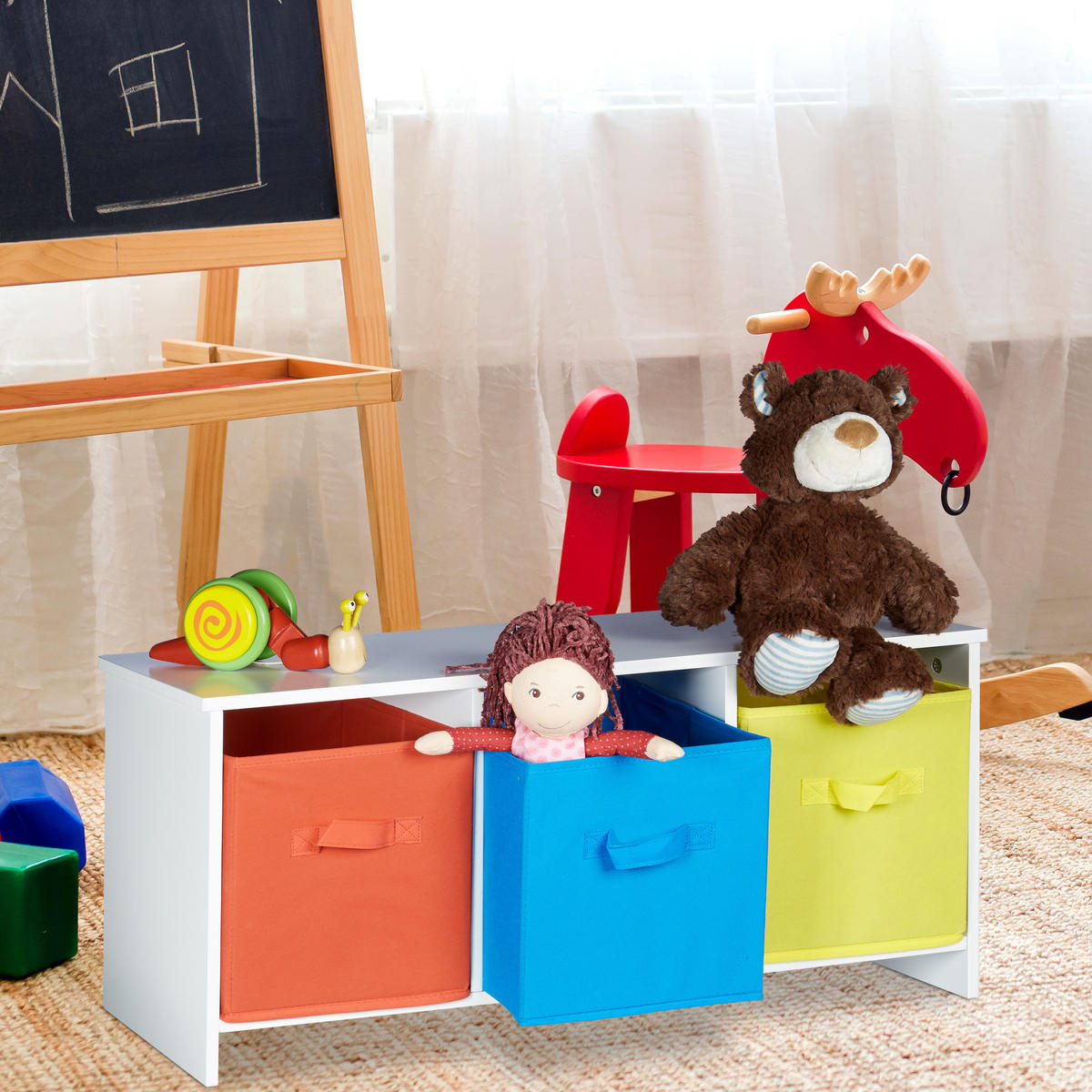 KINDERSITZBANK - Multicolor, Holzwerkstoff/Textil (81/35.5/29cm) - Relaxdays