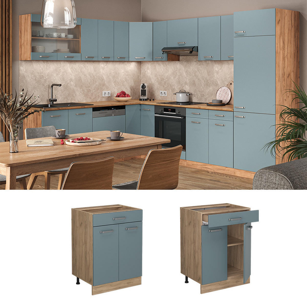 KÜCHENUNTERSCHRANK R-Line Blau-Grau 60 cm AP Marmor - Eiche Wotan/Blaugrau, Holzwerkstoff (60/81.6/60cm) - Vicco