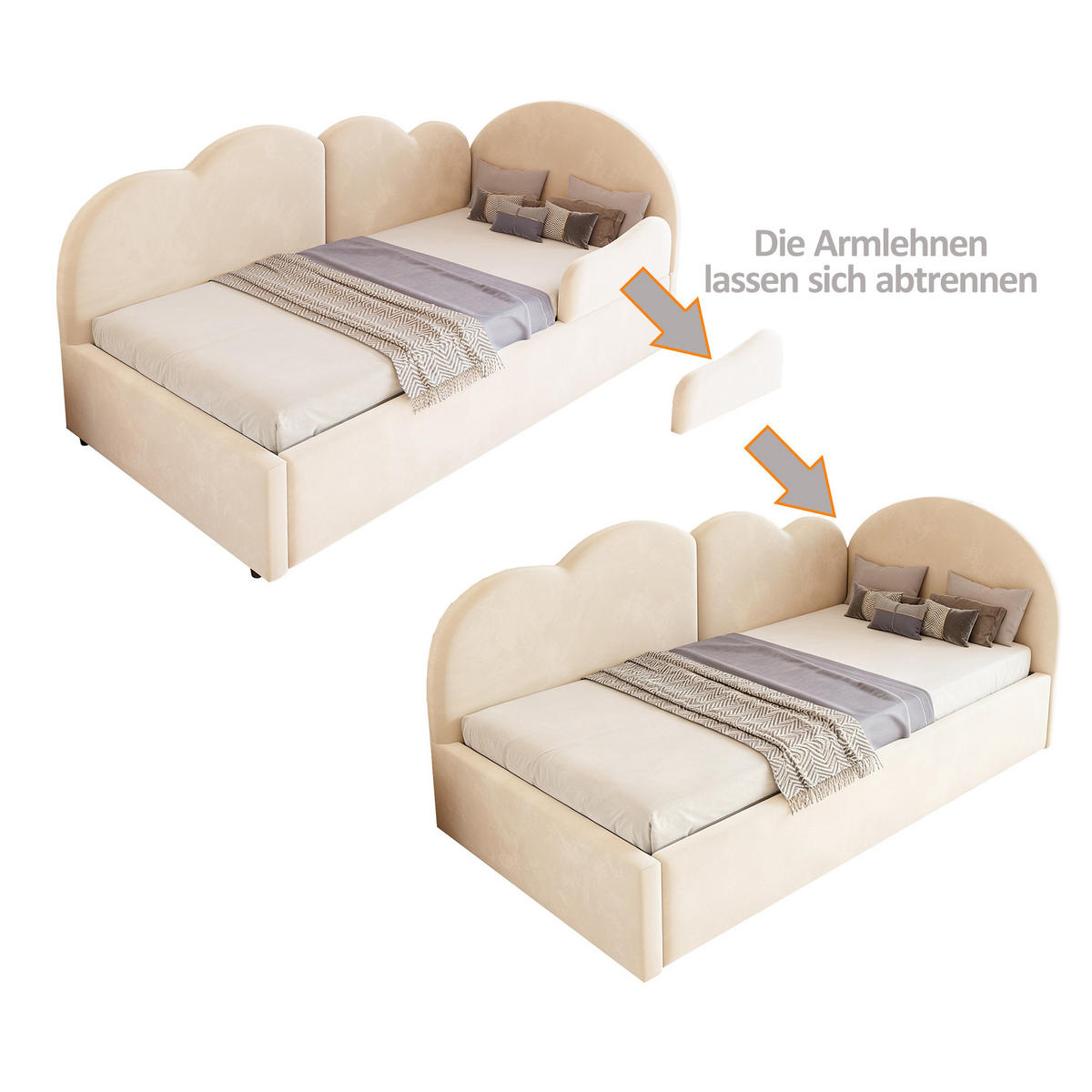POLSTERBETT 90/200 mit Ausziehbett und Wolkenkopfteil in Beige - Beige, Holzwerkstoff/Textil (90/200cm) - EVRYAE
