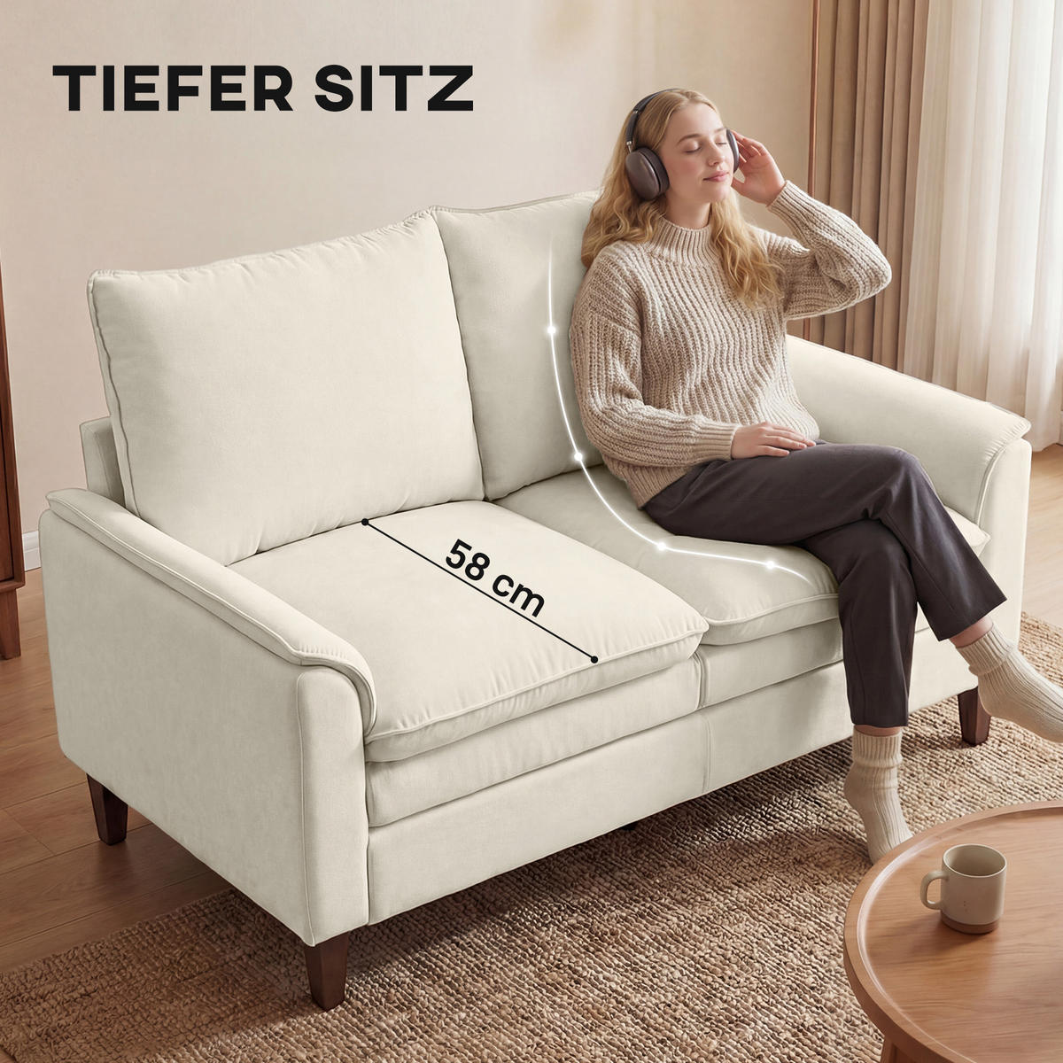 2-SITZER-SOFA DE-06580 mit doppellagiger Polsterung & Federkissen Creme - Creme, Textil/Metall (146/95/84cm) - ComfortXL