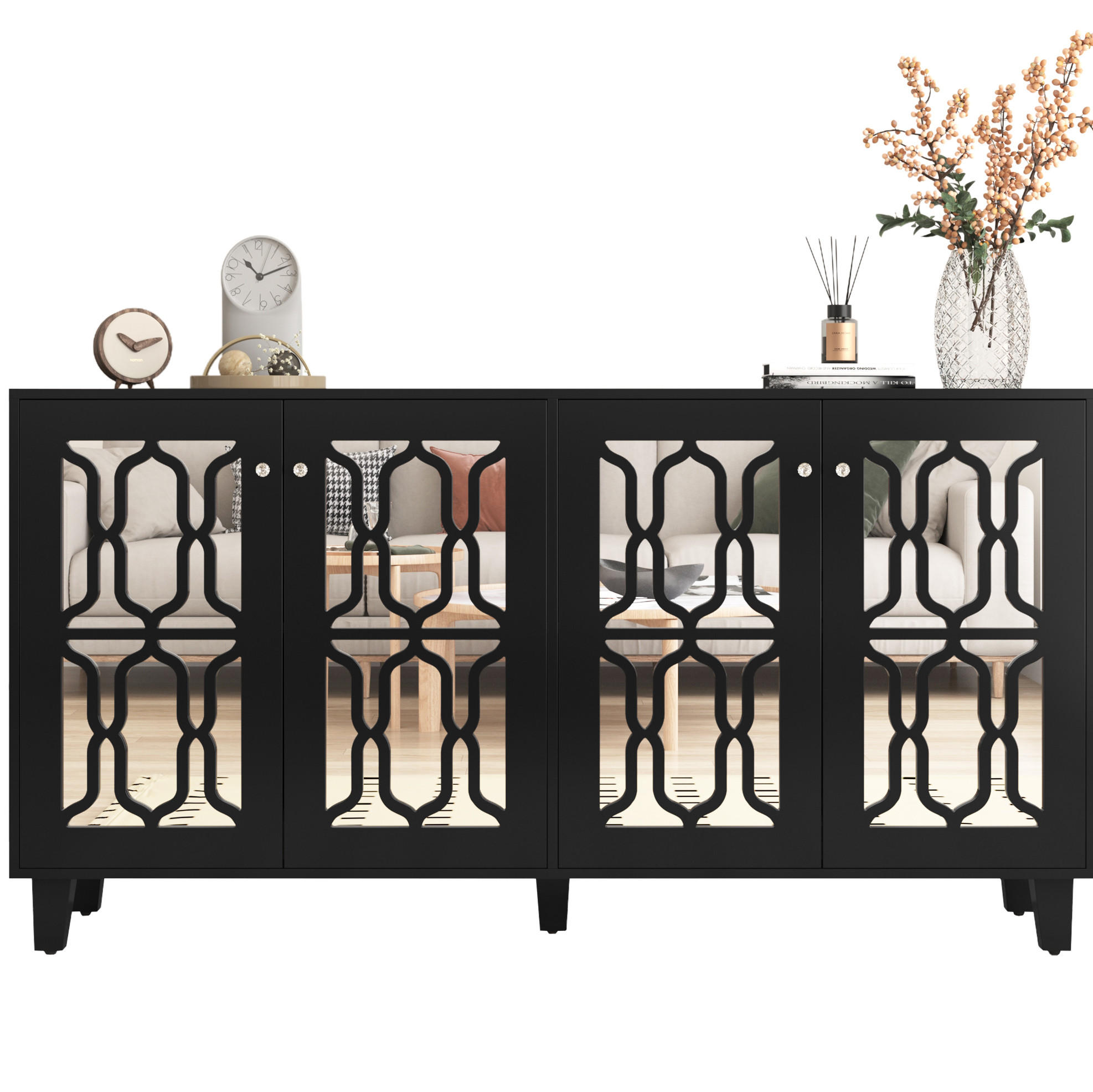 SIDEBOARD 160/40/84 cm in Schwarz mit 4 Türen und Spiegelfront - Schwarz, Holzwerkstoff (160/84/40cm) - Flora Grace