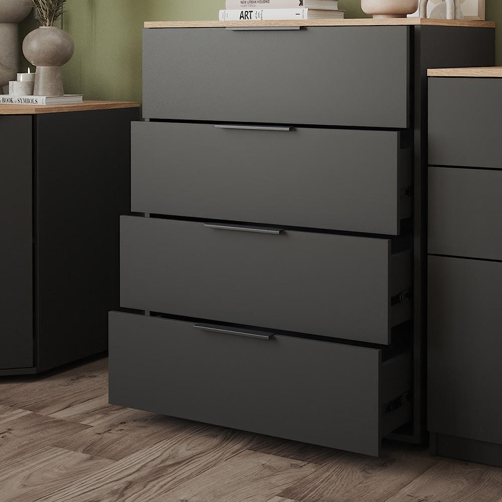 KOMMODE Betti Anthrazit 120 x 83.6 cm mit 4 Schubladen - Anthrazit/Sonoma Eiche, Holzwerkstoff (30/83.6/120cm) - Vicco