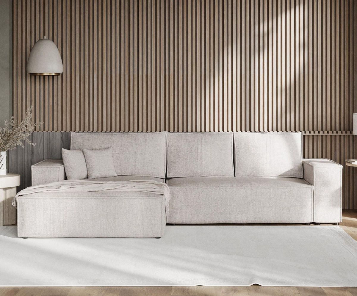 ECKSOFA TAURI mit Schlaffunktion Hellbeige im Neve Stoff - Sandfarben/Schwarz, Holz/Holzwerkstoff (294/185cm) - AltaBeds
