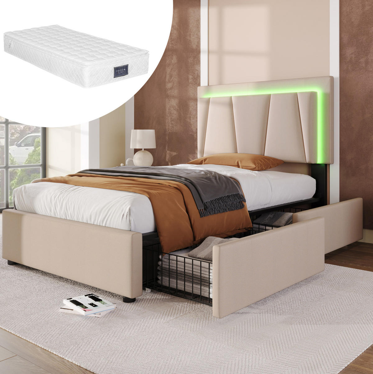 TAPECIRANI krevet od drva i tkanine 90x200 cm bež s LED rasvjetom, 2 ladice i podesivim uzglavljem - bež, drvni materijal (90/200cm) - Modfu