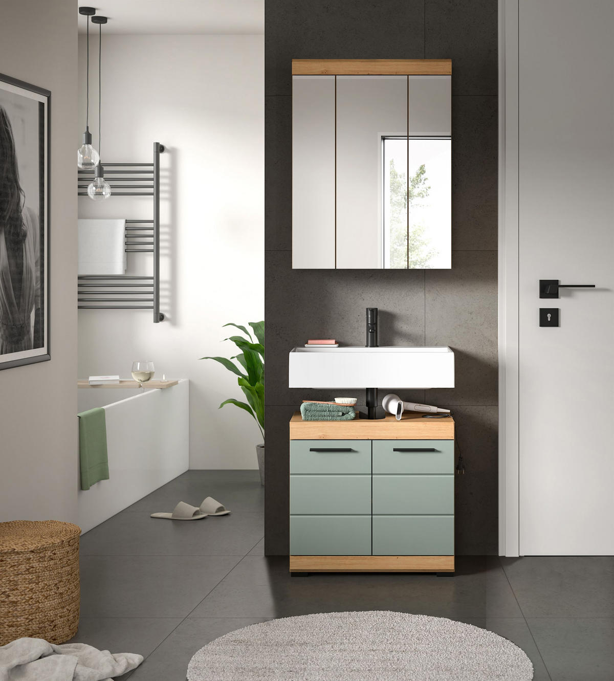 BADKOMBINATION 2tlg. Scout Bad in Artisan Eiche Nachbildung und Salbei Nachbildung B/H/T: 60x191x34 cm - Eiche Artisan, Holz (60/191/34cm)