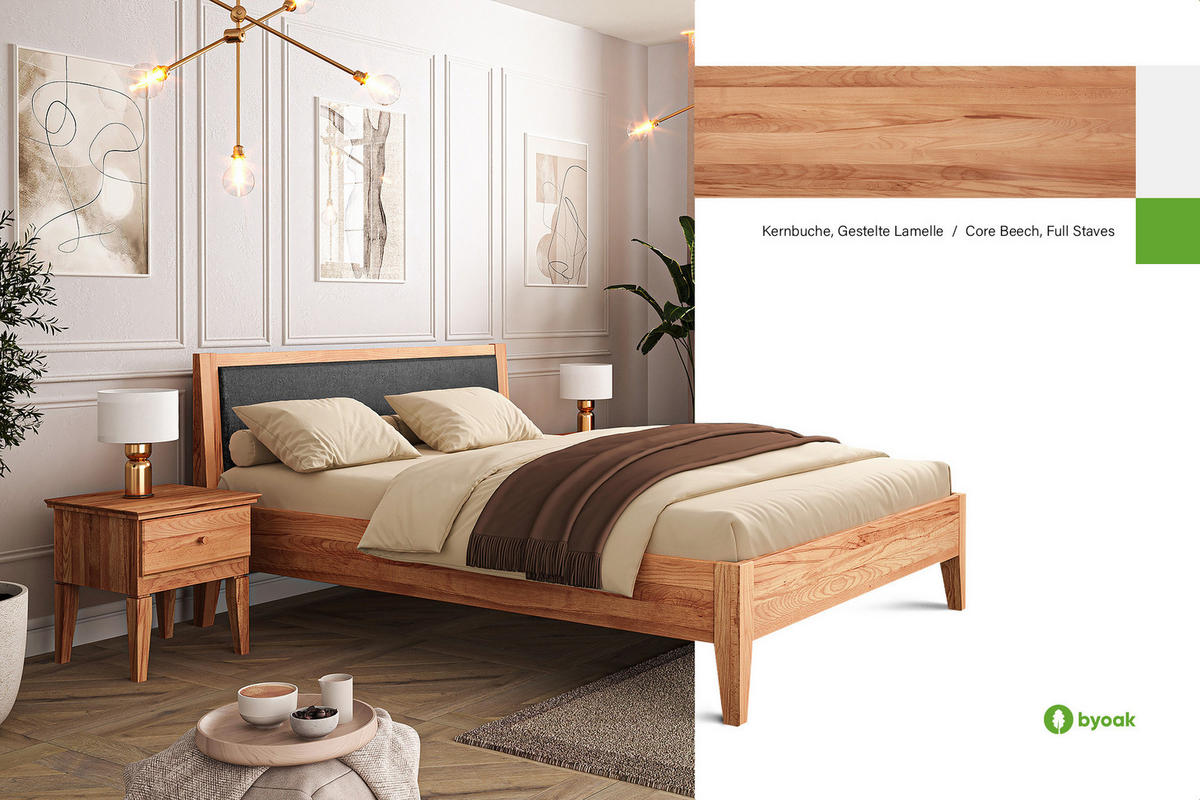 MASSIVHOLZBETT ELIAS MIT POLSTERKOPFTEIL 80x200 Kernbuche - Kernbuche, Holz (80/200cm) - byoak