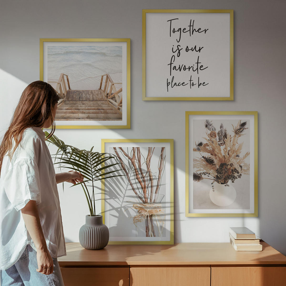 BILDER SET 4er Set - 50x50 cm & 40x60 cm Goldrahmen - Blumenzweige Minimalismus Natur - Goldfarben, Kunststoff (50/50cm) - TULUP