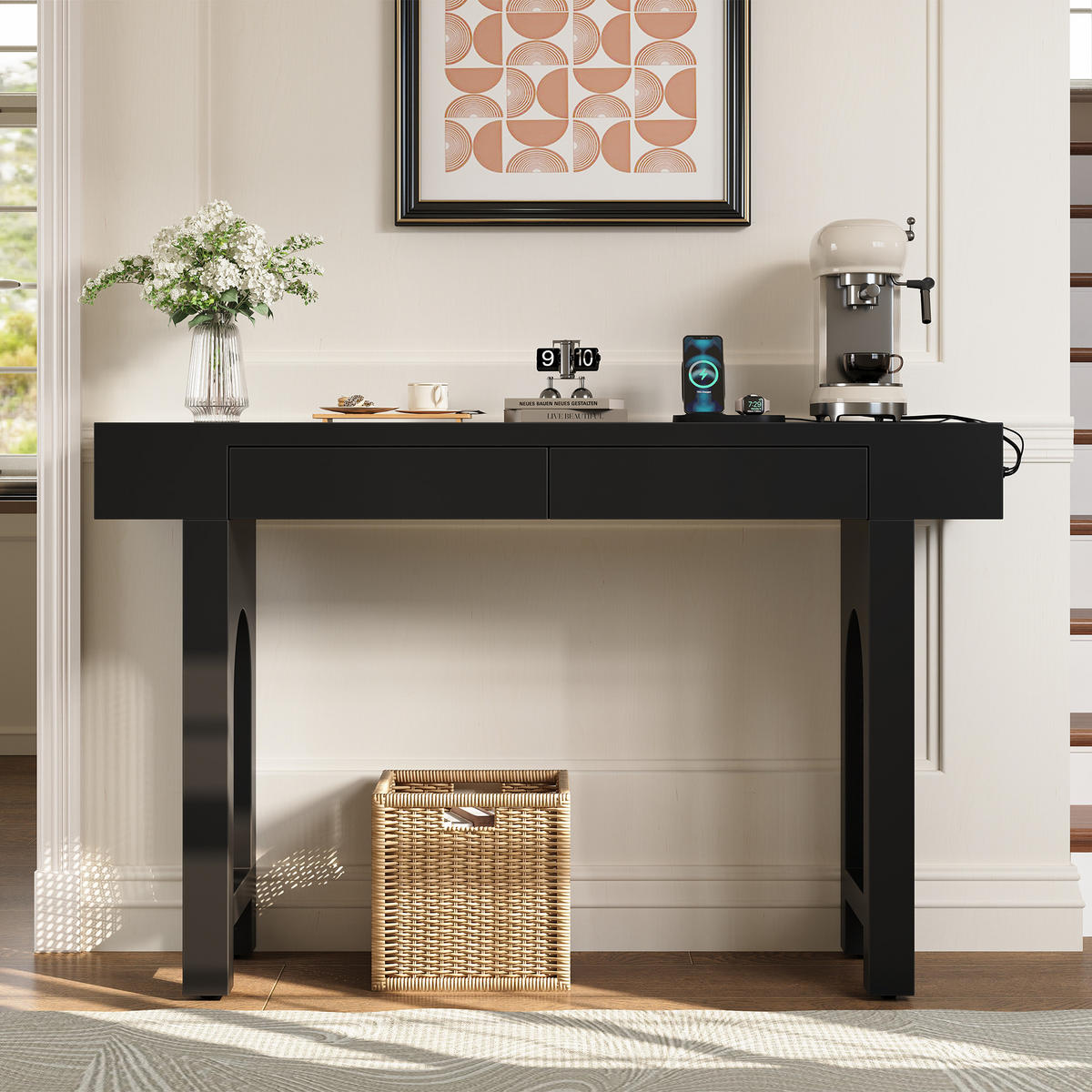 KONSOLENTISCH 120/35,5/76,5 cm schwarz aus MDF mit 2 Schubladen und Steckdosenleiste - Schwarz, Holzwerkstoff (120/35.5/76.5cm) - OKWISH