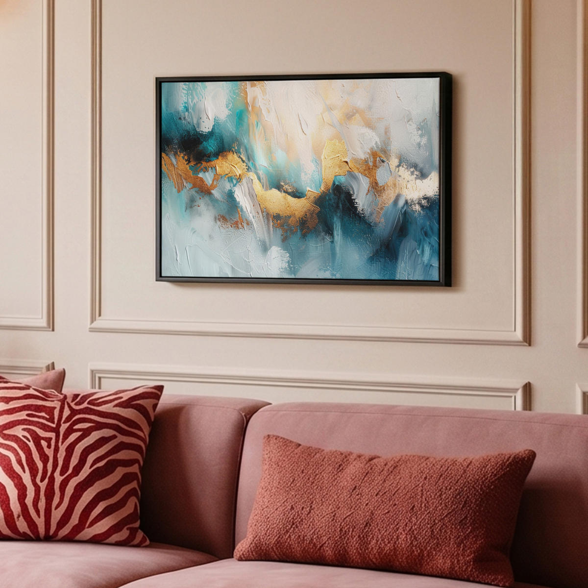 LEINWAND Bilder mit Rahmen - Abstrakt - Kunst - Gold - Blau - 60x40 - Petrol, Textil (60/40cm) - MuchoWow