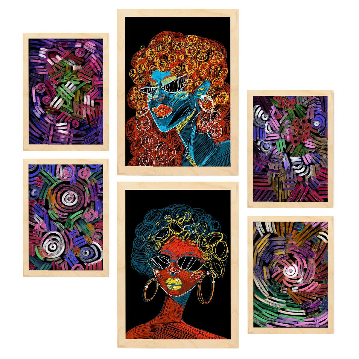 POSTER Set Mit 6 Krasse Formen 2 In Weibliche Zusammenfassung A3 & A4 Rahmen Aus Hellem Holz - Beige, Papier (29/3cm) - Nacnic