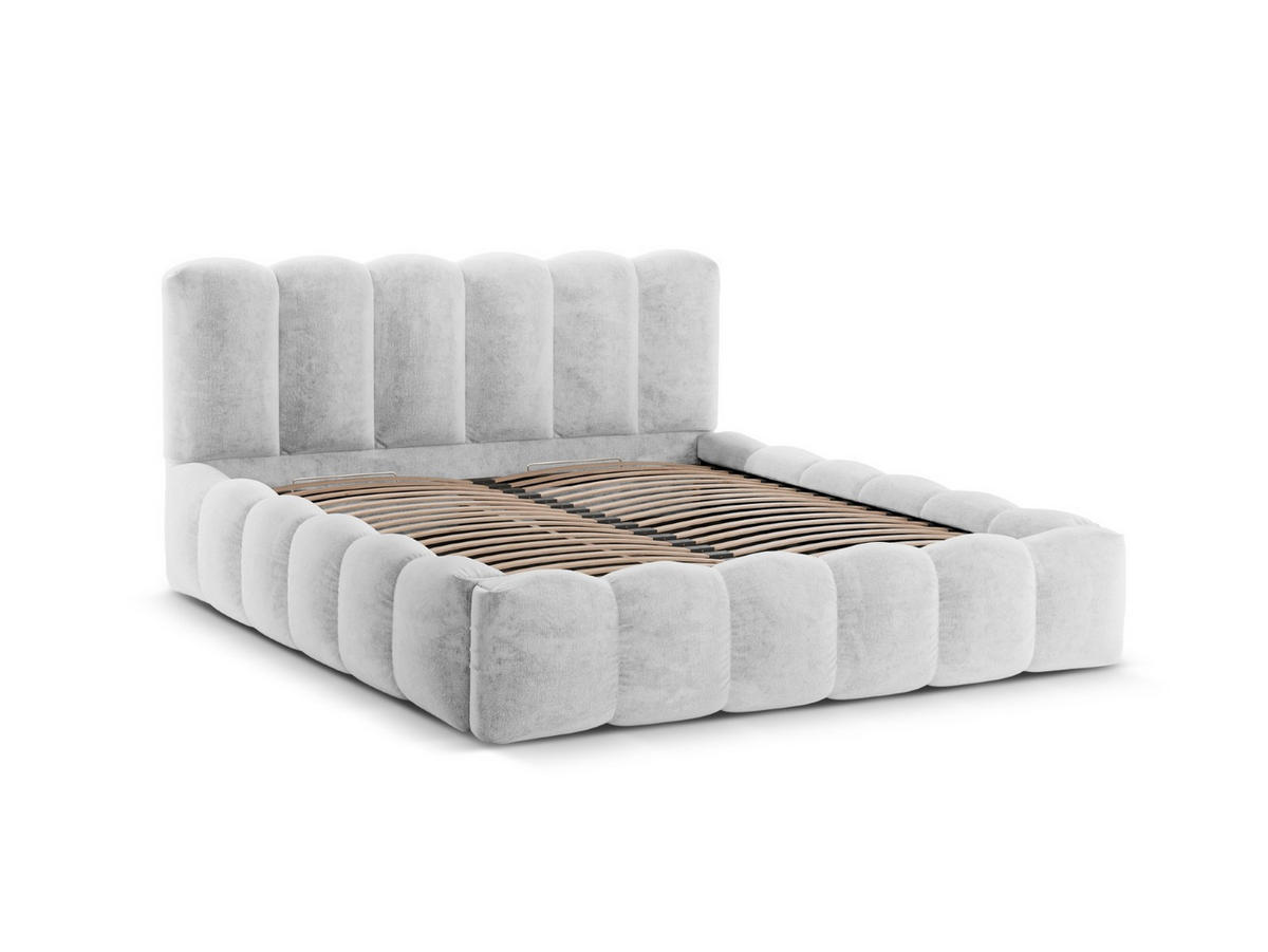 BETT mit Bettkasten und Kopfteil Lupine aus Chenille-Stoff silber 140x200cm - Silberfarben, Textil (140/200cm) - Micadoni