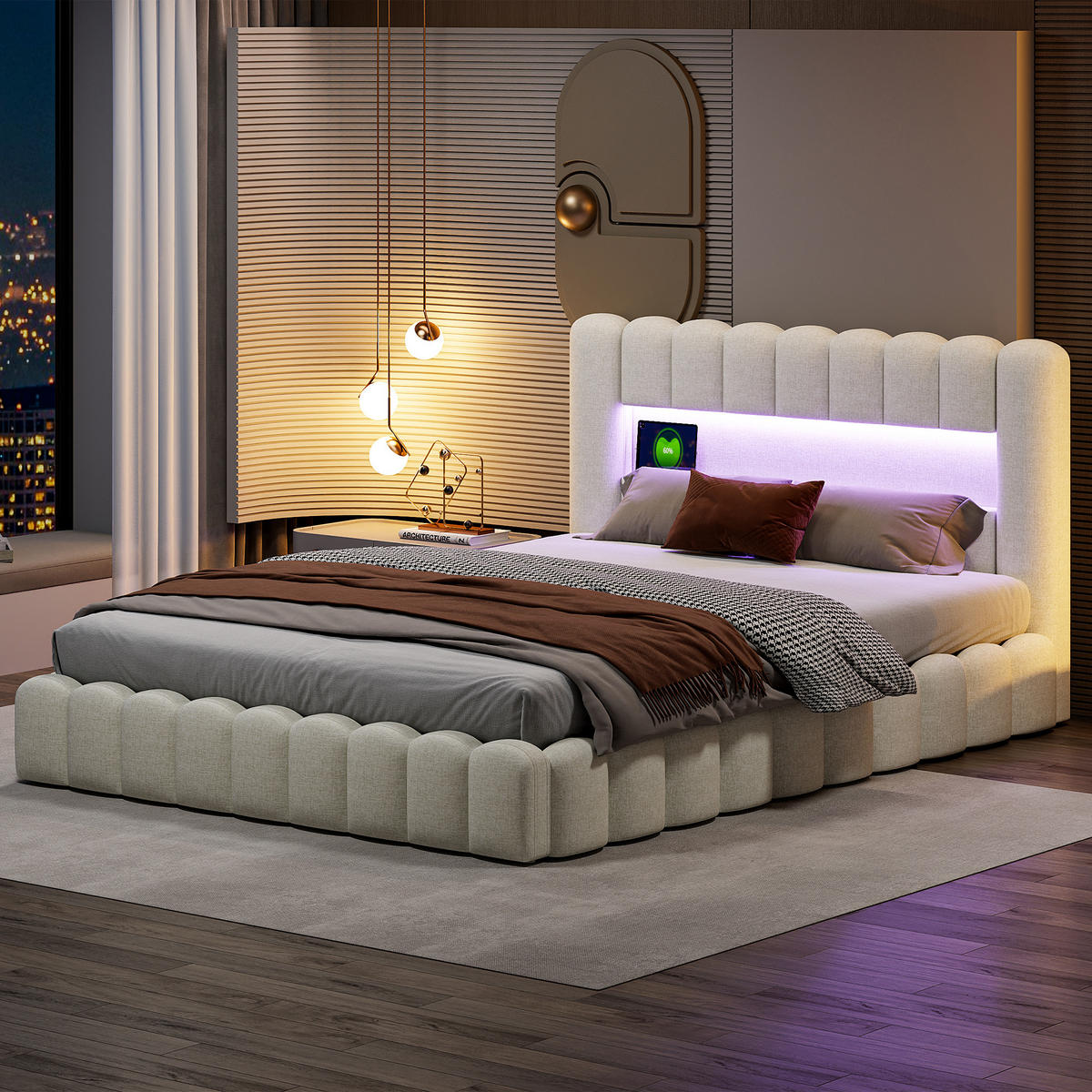 STAURAUMBETT 140x200 cm Doppelbett, mit USB-Anschluss und LED-Beleuchtung, Leinenstoff in Beige - Beige, Holz (140/200cm) - BRILVERDE