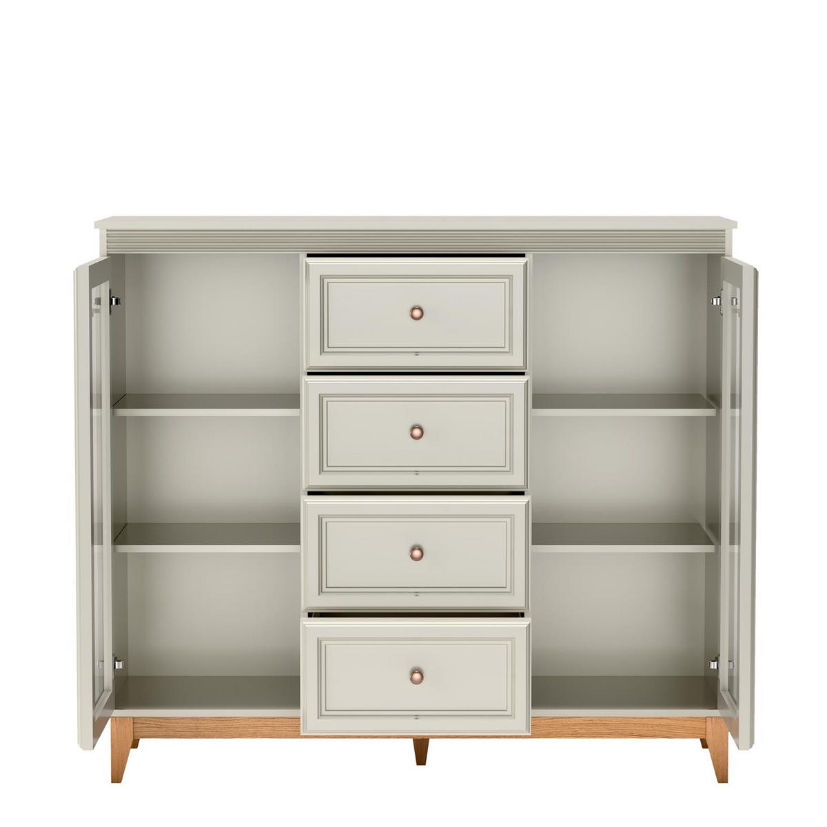 VITRINE Windsor Kaschmir, Breite Viertürige Vitrineschrank mit Schubladen - Kaschmir, Holzwerkstoff (142/126/41cm) - Bettso