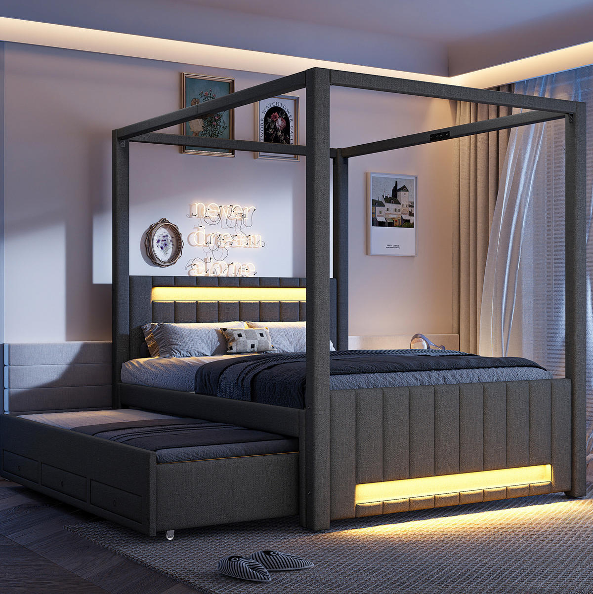HIMMELBETT 140/200 cm grau aus Leinen und MDF mit Ausziehbett, 3 Schubladen und LED - Grau, Textil (140/200cm) - OKWISH