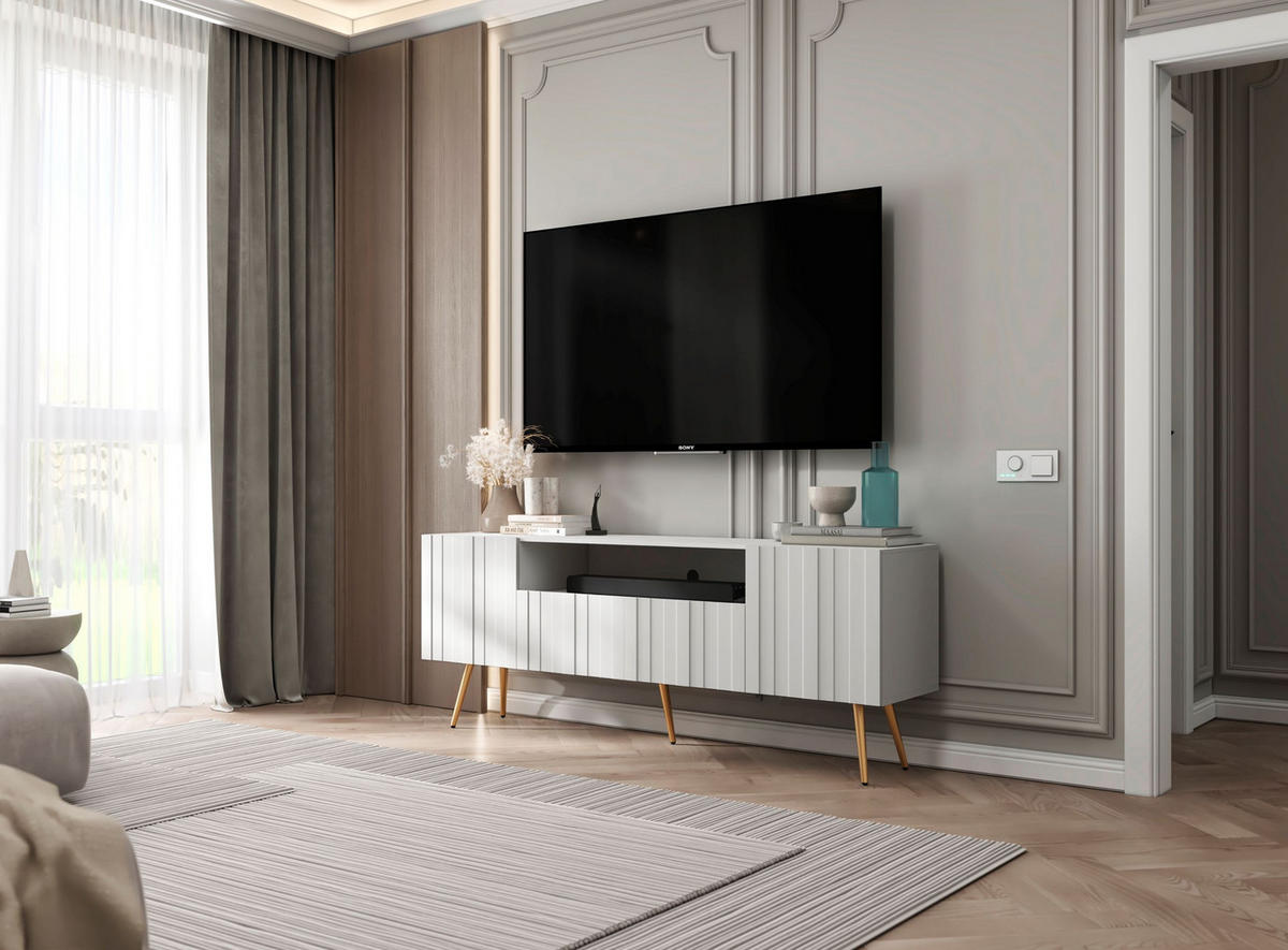 TV-SCHRANK Elpis2 Weiß Matt mit goldenen Metallbeine Glamour 150 cm - Goldfarben/Weiß, Holzwerkstoff/Metall (150/60.5/36.5cm) - Meble Lindner