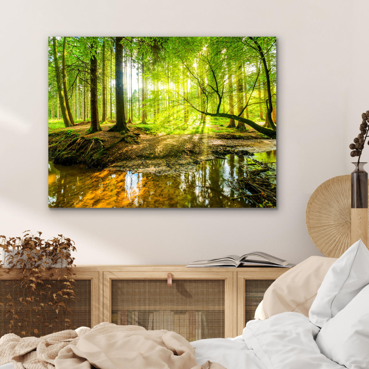 METALLBILD Wald - Landschaft - Wasser - Bäume - Sonne - Grün - Natur 80x60 cm - Grün, Metall (80/60cm) - MuchoWow