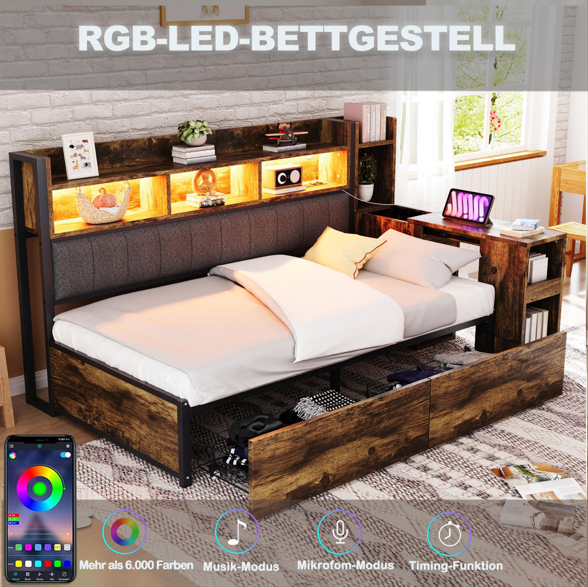 BETT 90/200 cm in Holzfarbe aus Metall und Holz mit Schreibtisch - Naturfarben, Metall (90/200cm) - OKMYHOME